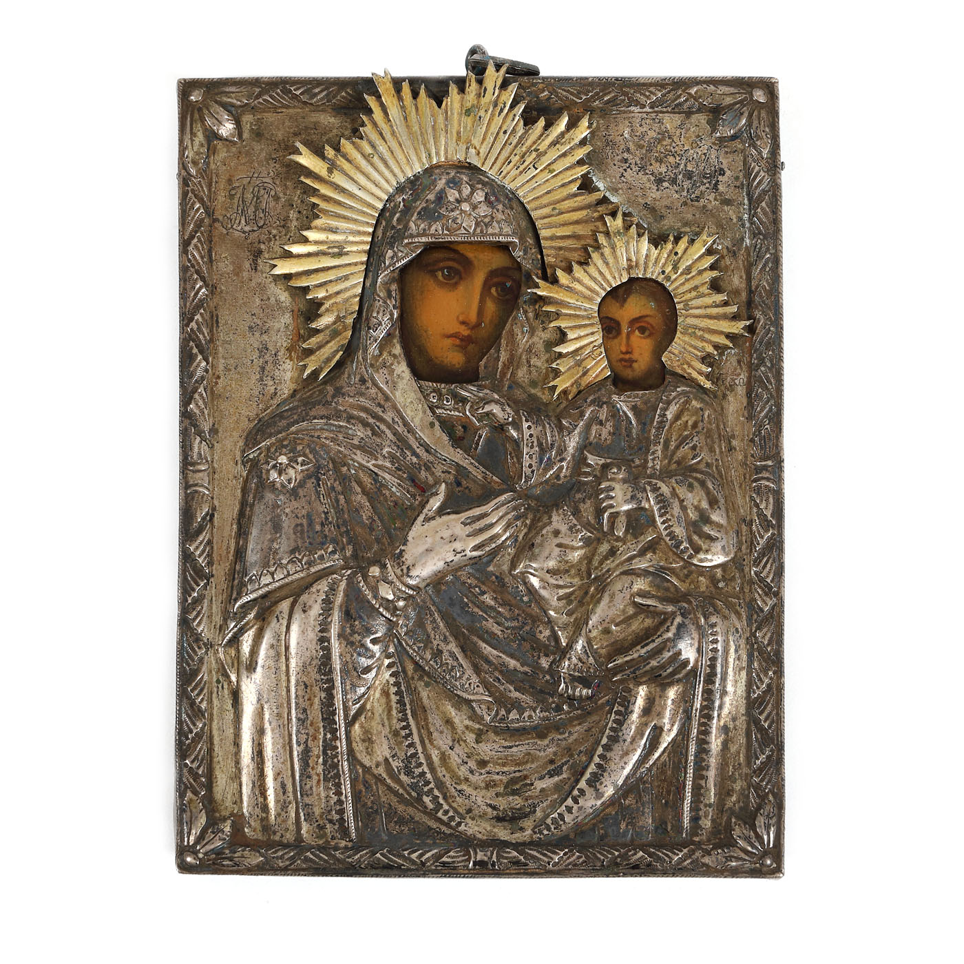Icoană pe lemn cu ferecătură din argint, "Maica Domnului cu Pruncul (Hodighitria)", școală românească, sfârșitul sec. XIX
