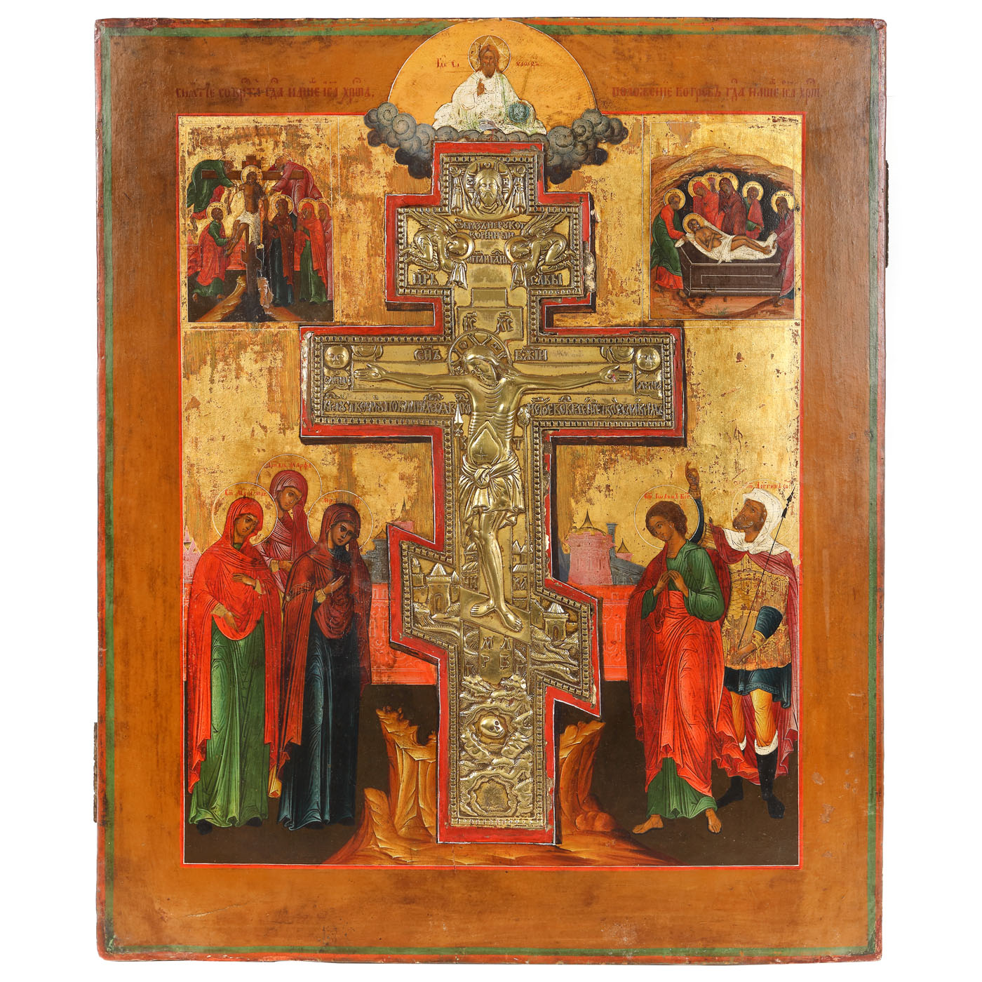 Icoană prăznicar pe lemn, ”Iisus Răstignit, Coborârea de pe Cruce și Punerea în Mormânt”, școală rusească, cca. 1800, de colecție