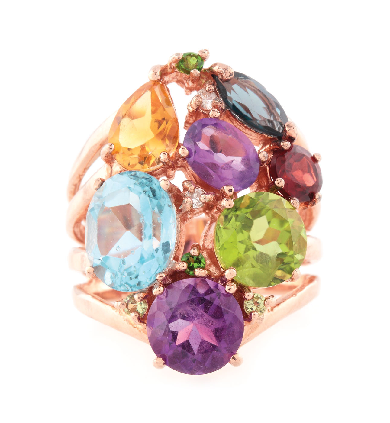 "Tutti frutti" - gilded silver ring, decorated with diamonds and precious stones