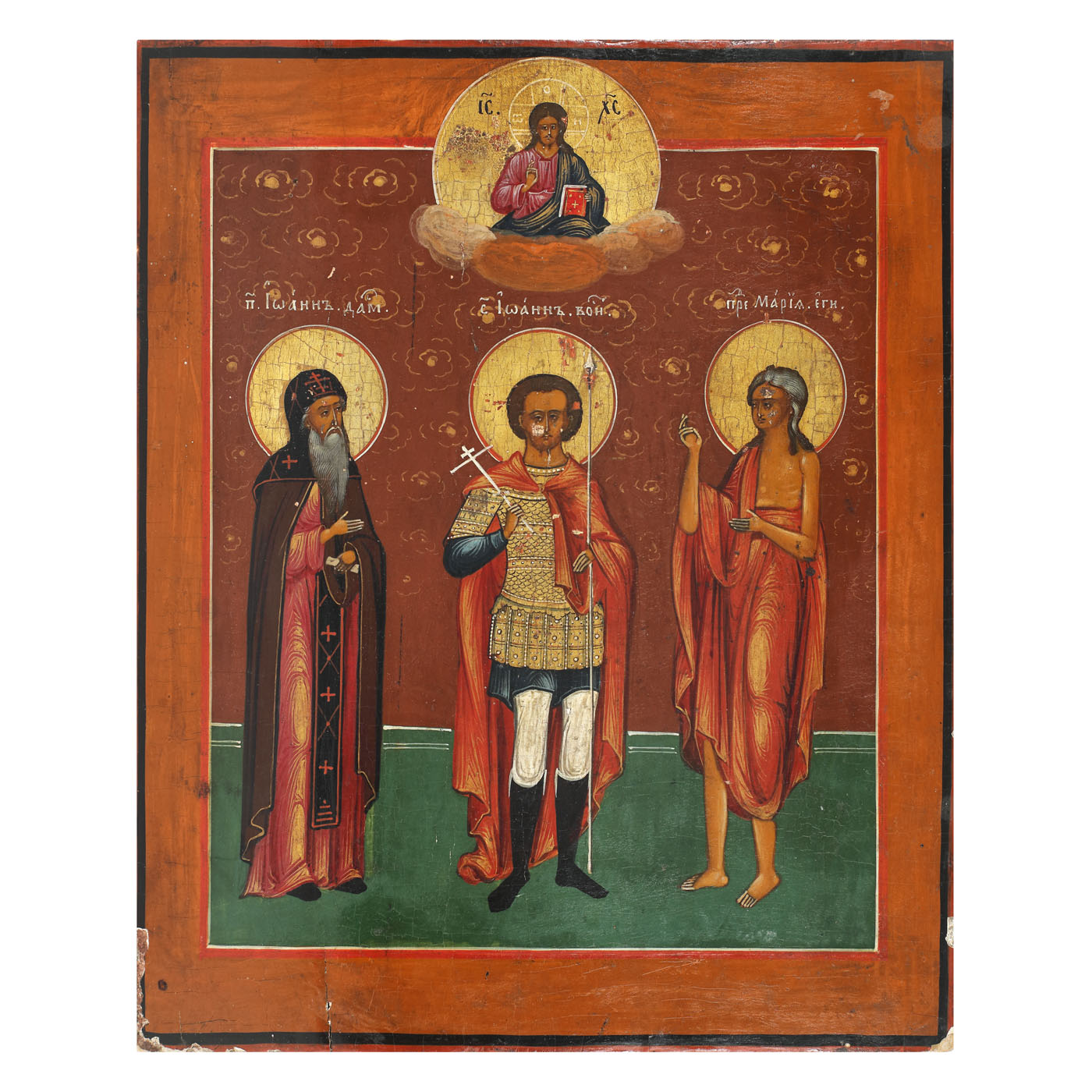 Icoană pe lemn, ”Sfântul Ierarh Ioan Damaschin, Sfântul Ioan cel Nou și Sfânta Maria Egipteanca”, școală rusească, sfârșitul sec. XIX