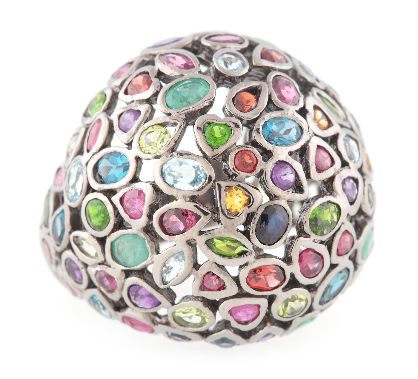 "Color ball" - silver ring decorated with precious and semi-precious stones