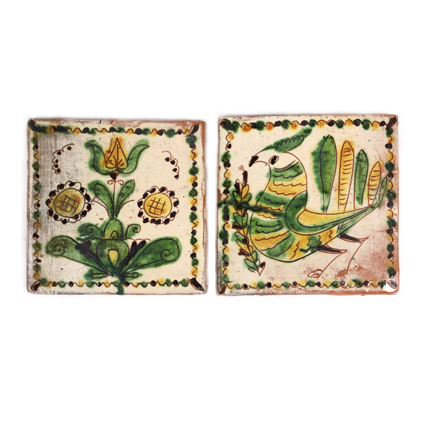 Lot format din două cahle (plăci decorative) tip Kuty, decorate cu păun și lalea, centrul Rădăuți, autor Constantin Colibaba, prima parte a sec. XX