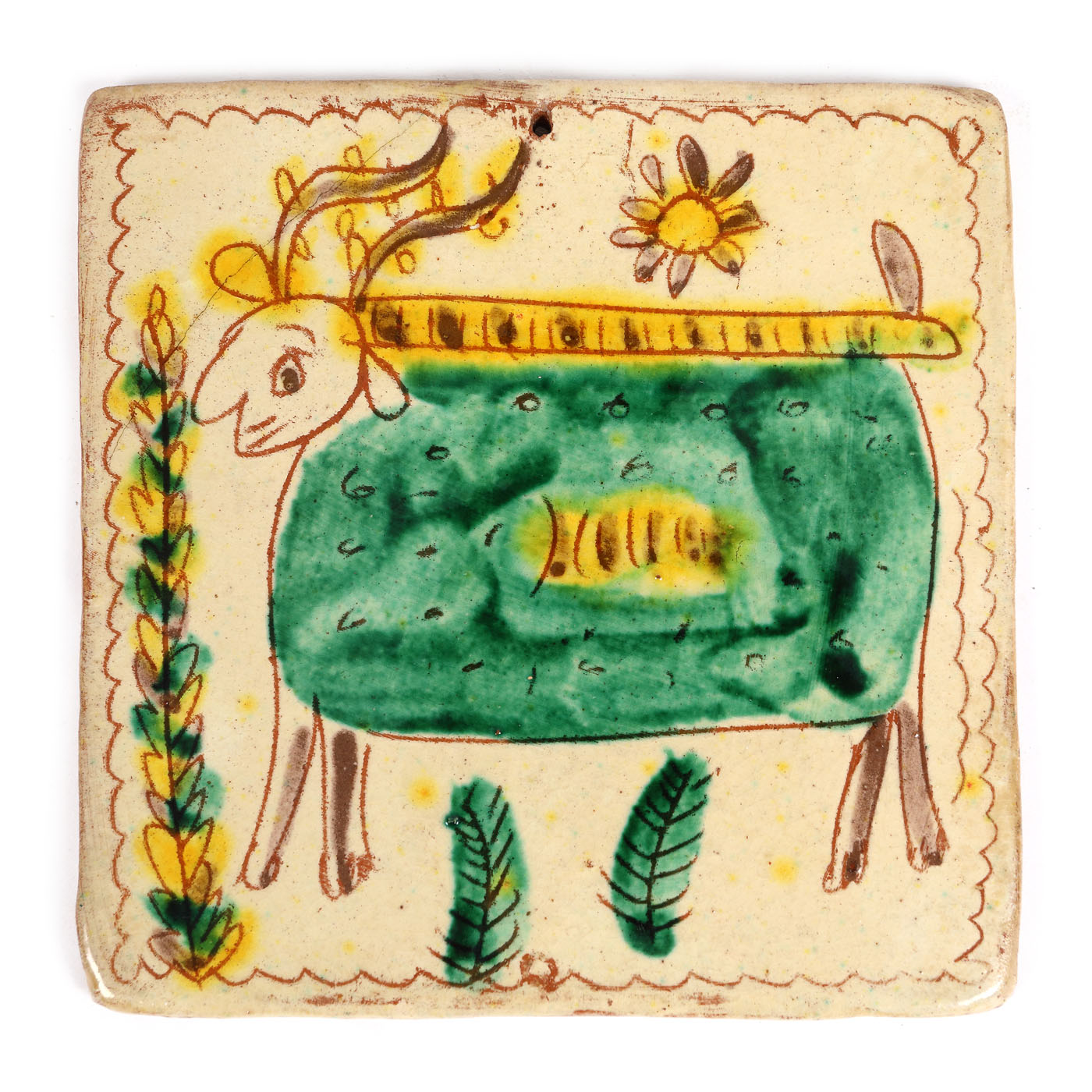 Cahlă (placă decorativă) tip Kuty, decorată cu un taur, centrul Rădăuți, autor Constantin Colibaba, prima parte a sec. XX