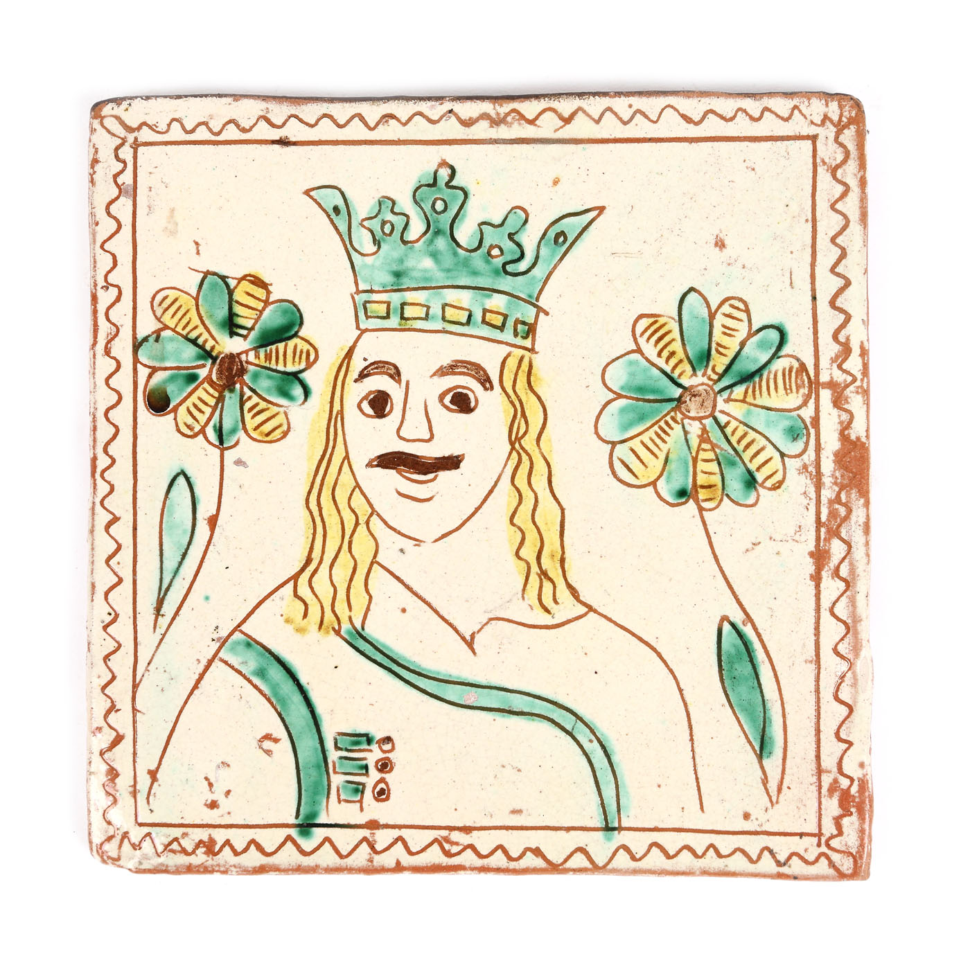 Cahlă (placă decorativă) tip Kuty, ilustrându-l pe Ștefan cel Mare, centrul Rădăuți, autor Constantin Colibaba, prima parte a sec. XX