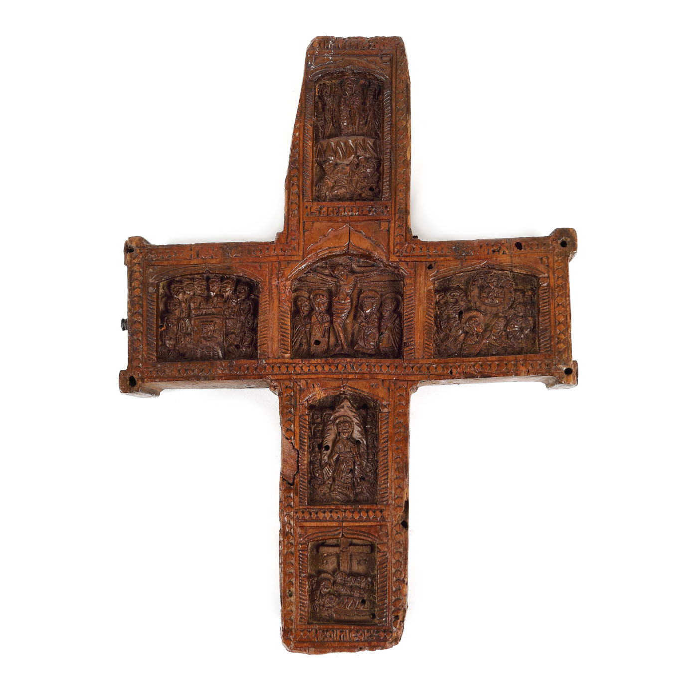 Cruce sculptată și decorată cu scenele "Răstignirii, Nașterii lui Iisus și zece scene din viața sa", atelier grecesc, începutul sec. XIX