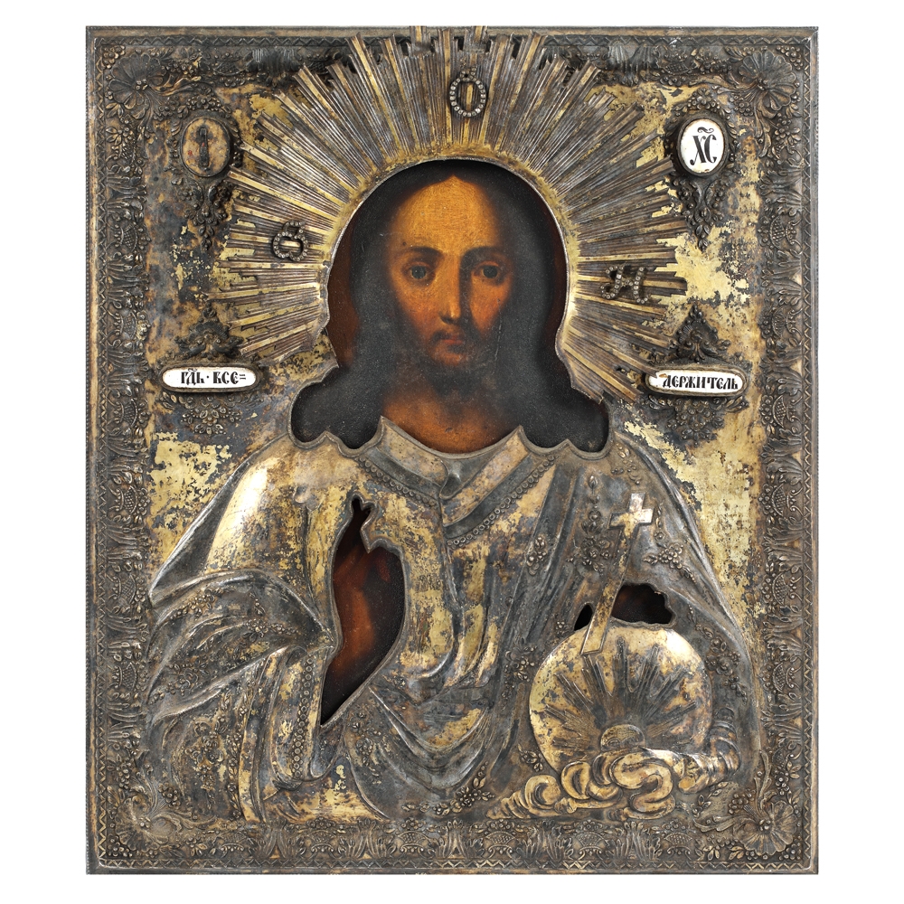 Icoană pe lemn cu ferecătură din argint și email, ”Iisus Pantocrator” ("Salvator Mundi"), școală rusească, prima jumătate a sec. XIX