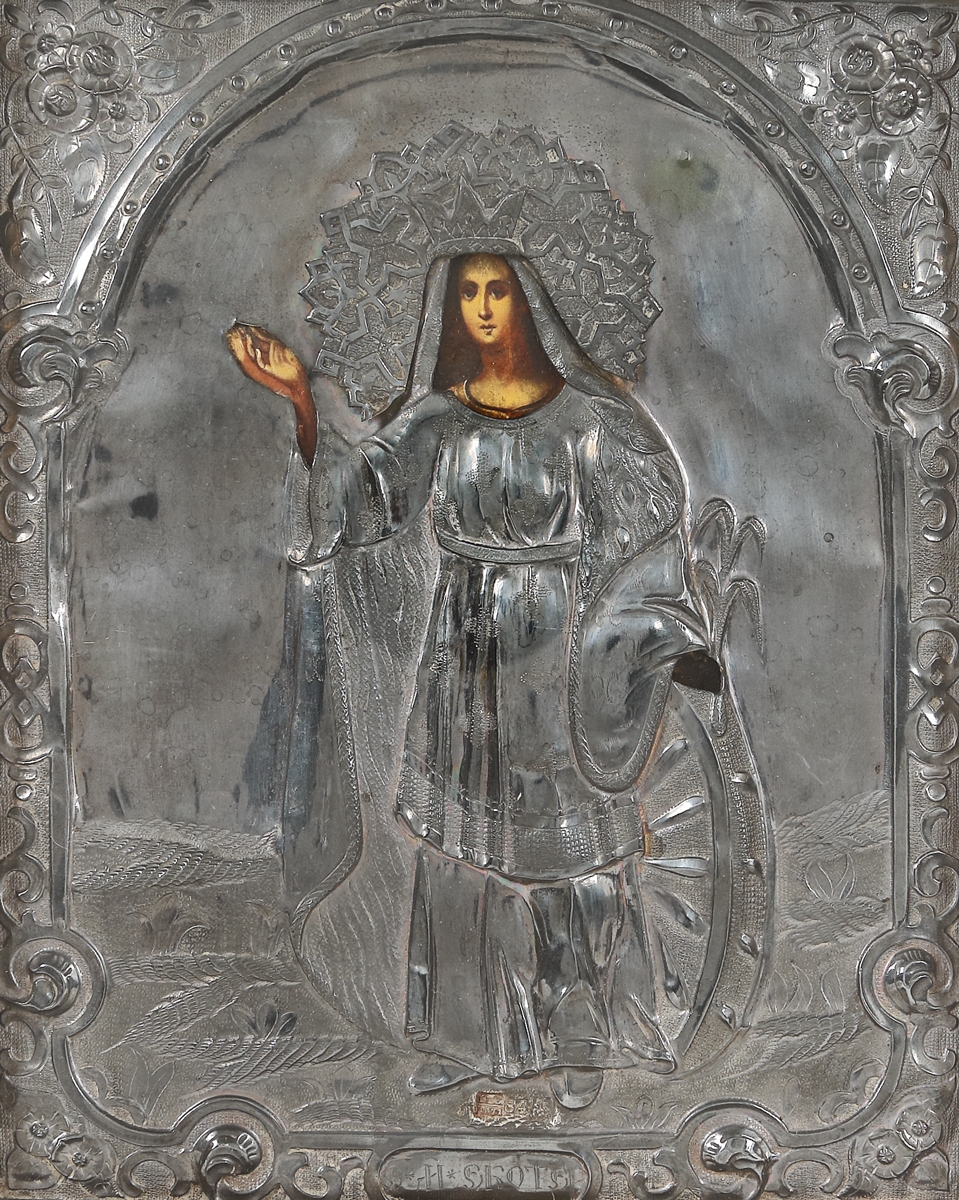 Icoană pe lemn, cu ferecătură din argint, ”Sfânta Ecaterina”, școală rusească, sfârșitul sec. XIX, piesă rară