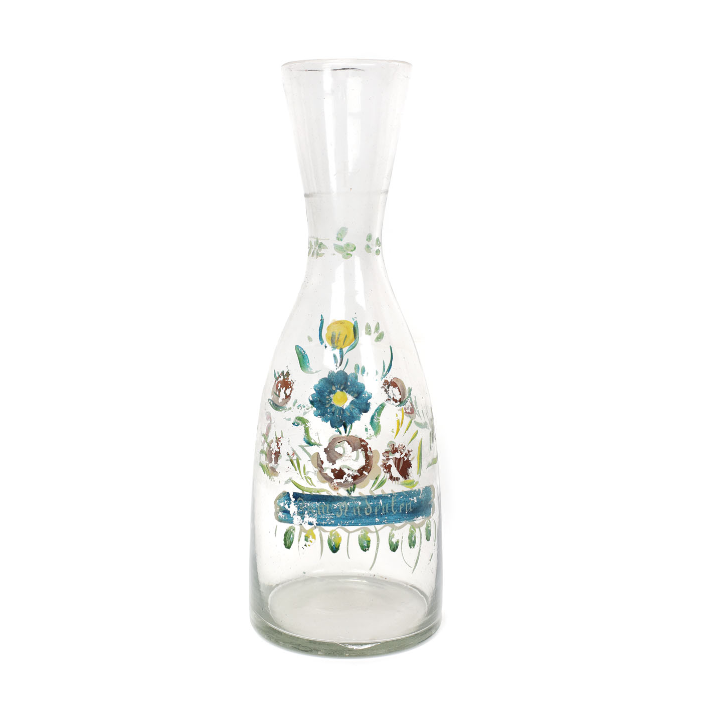 Flacon decorativ din sticlă, pictat cu decor floral, inscripționat și datat 1874