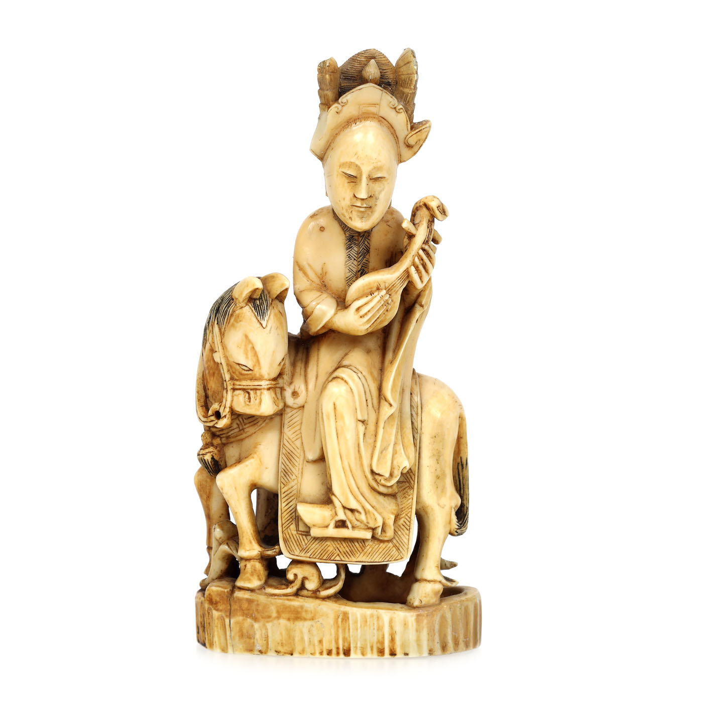 Statuetă din fildeș, reprezentând un tânăr nobil cântând la biwa, călare pe un măgăruș, perioada Meiji, Japonia, sfârșitul sec. XIX
