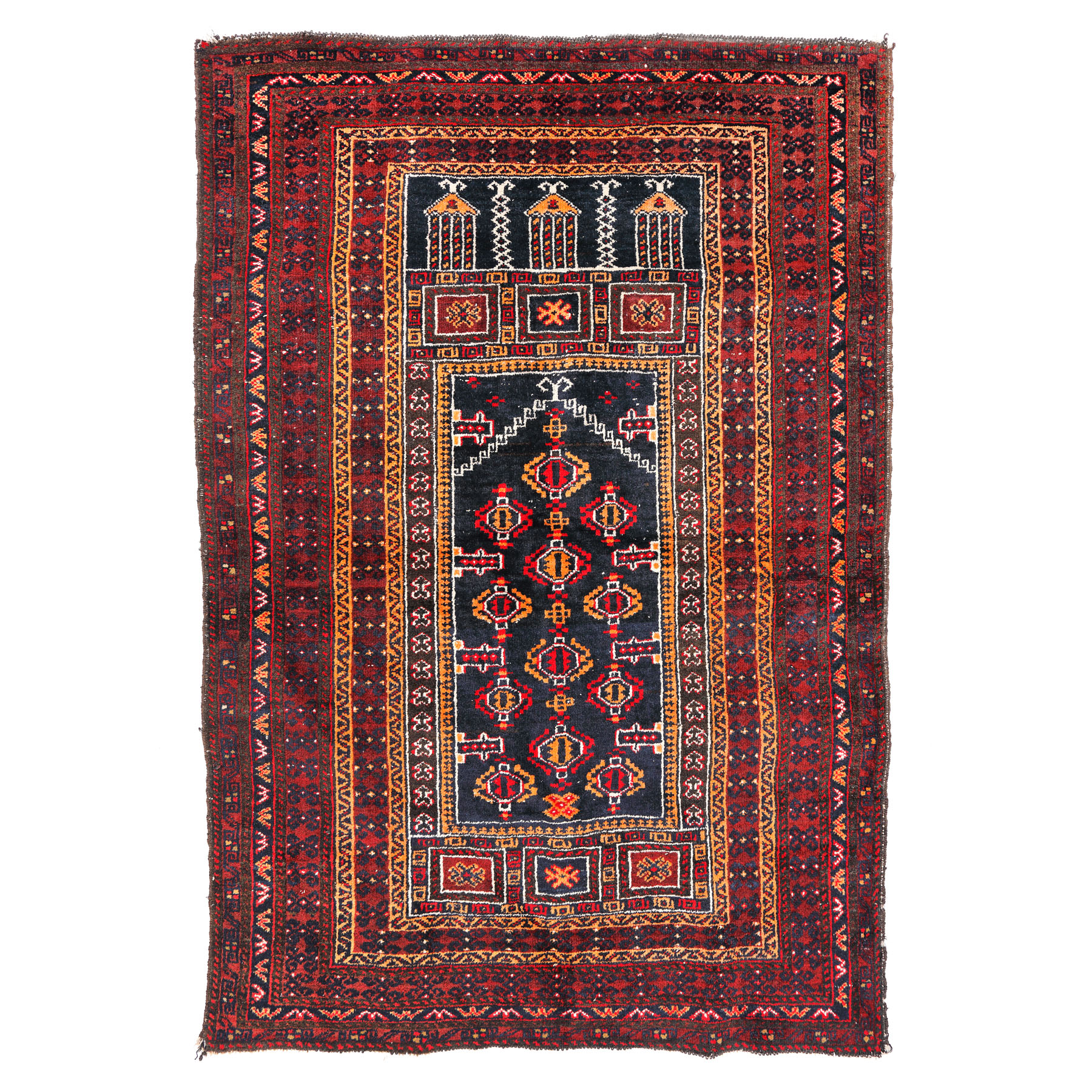 Covor Baluch din lână, pentru rugăciune, decorat cu mihrab și motive geometrice, Iran