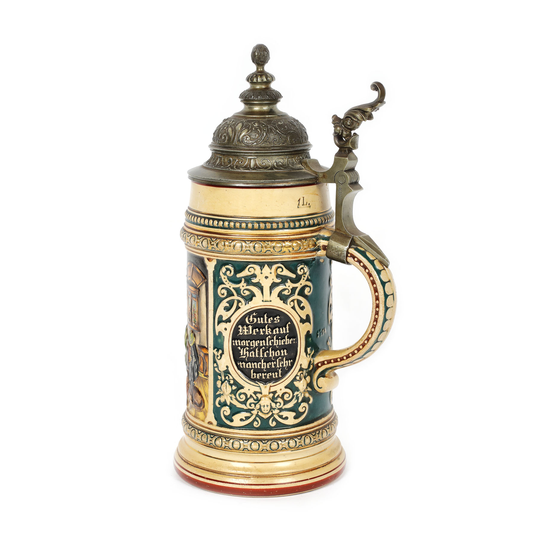 Halbă bavareză pentru bere, din ceramică pictată manual cu scenă de gen, cca. 1900