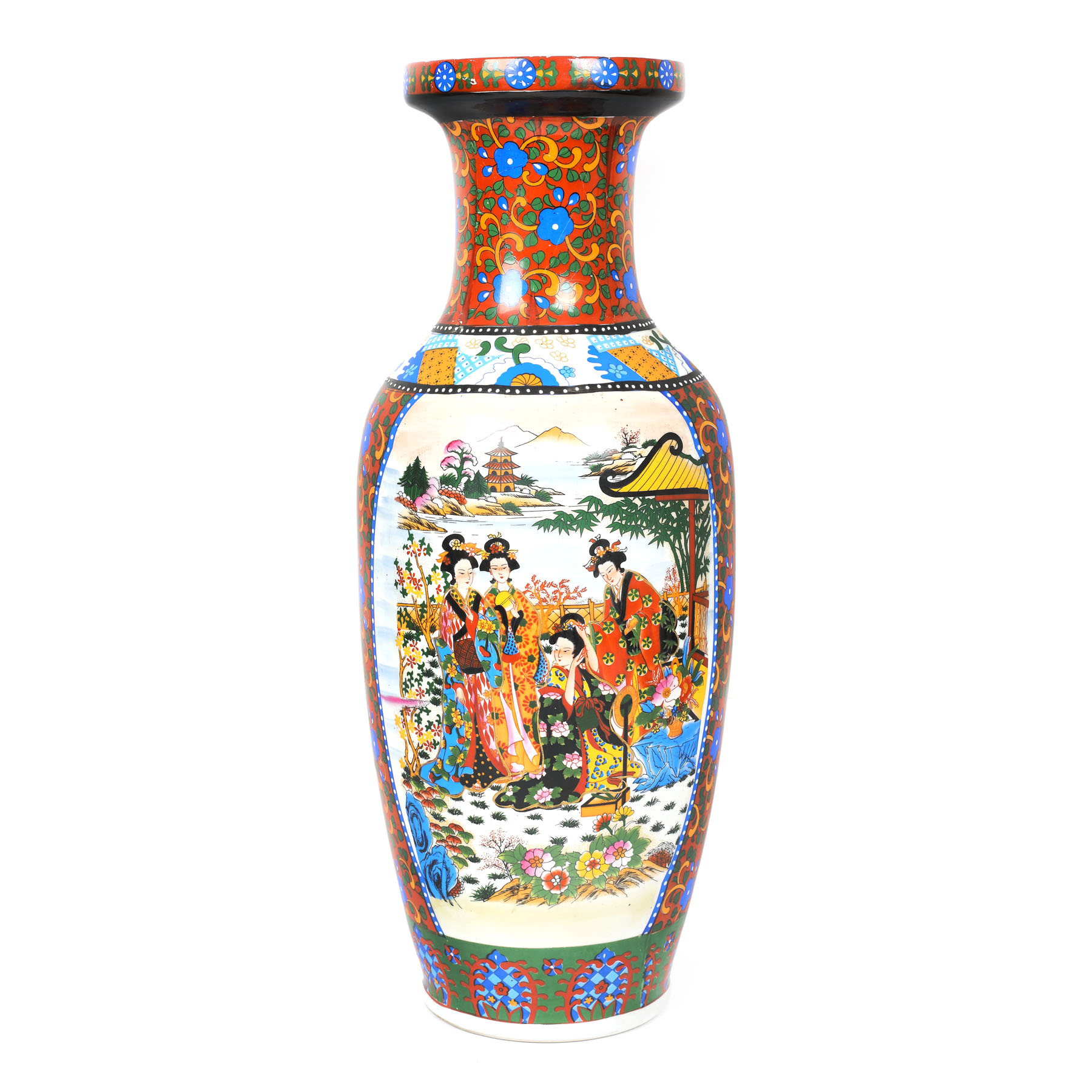Impozant vas din porțelan, decorat cu o scenă de la curtea imperială și alte motive reinterpretate, China, cca. 1970