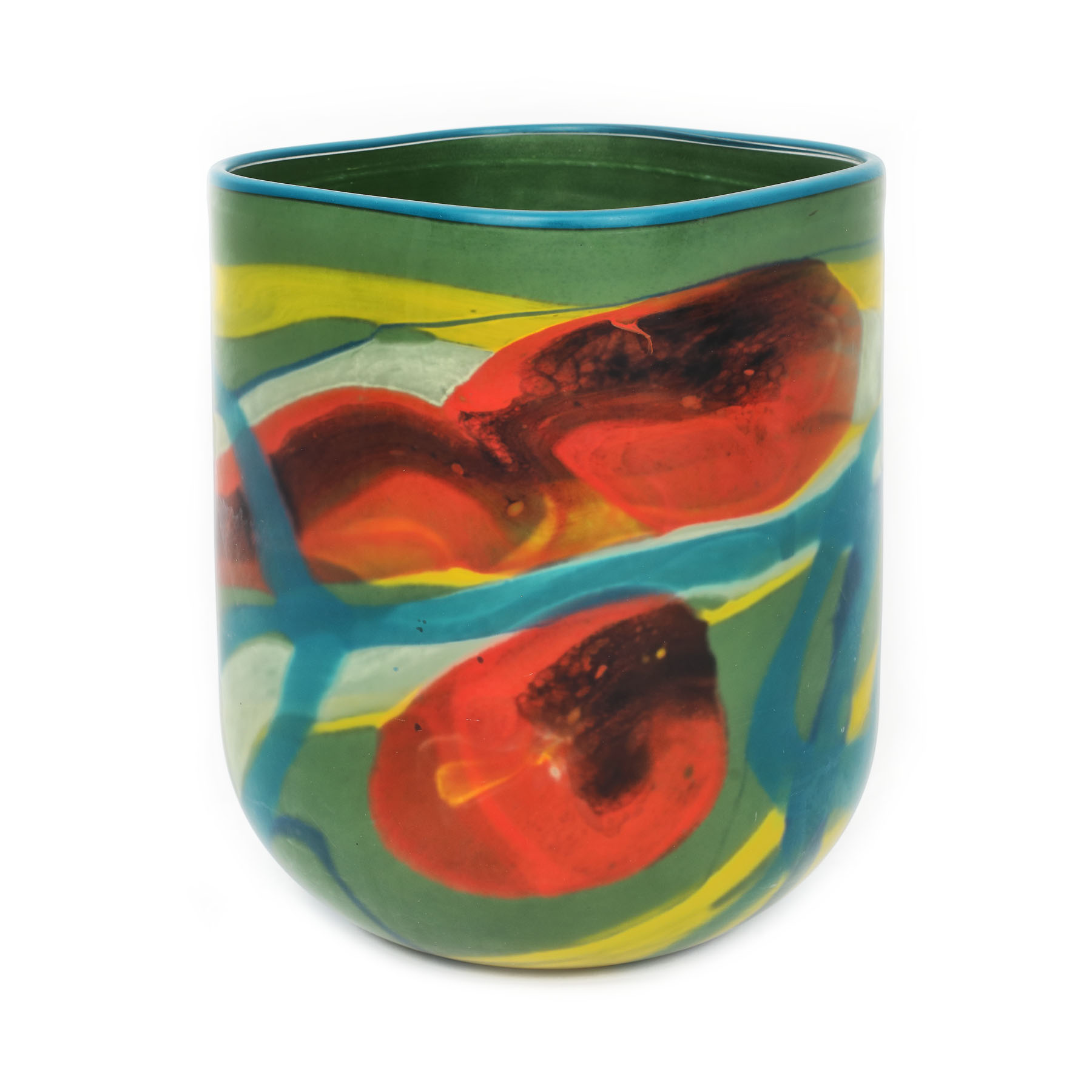 Vas din sticlă, cu decor multicolor și motive abstracte