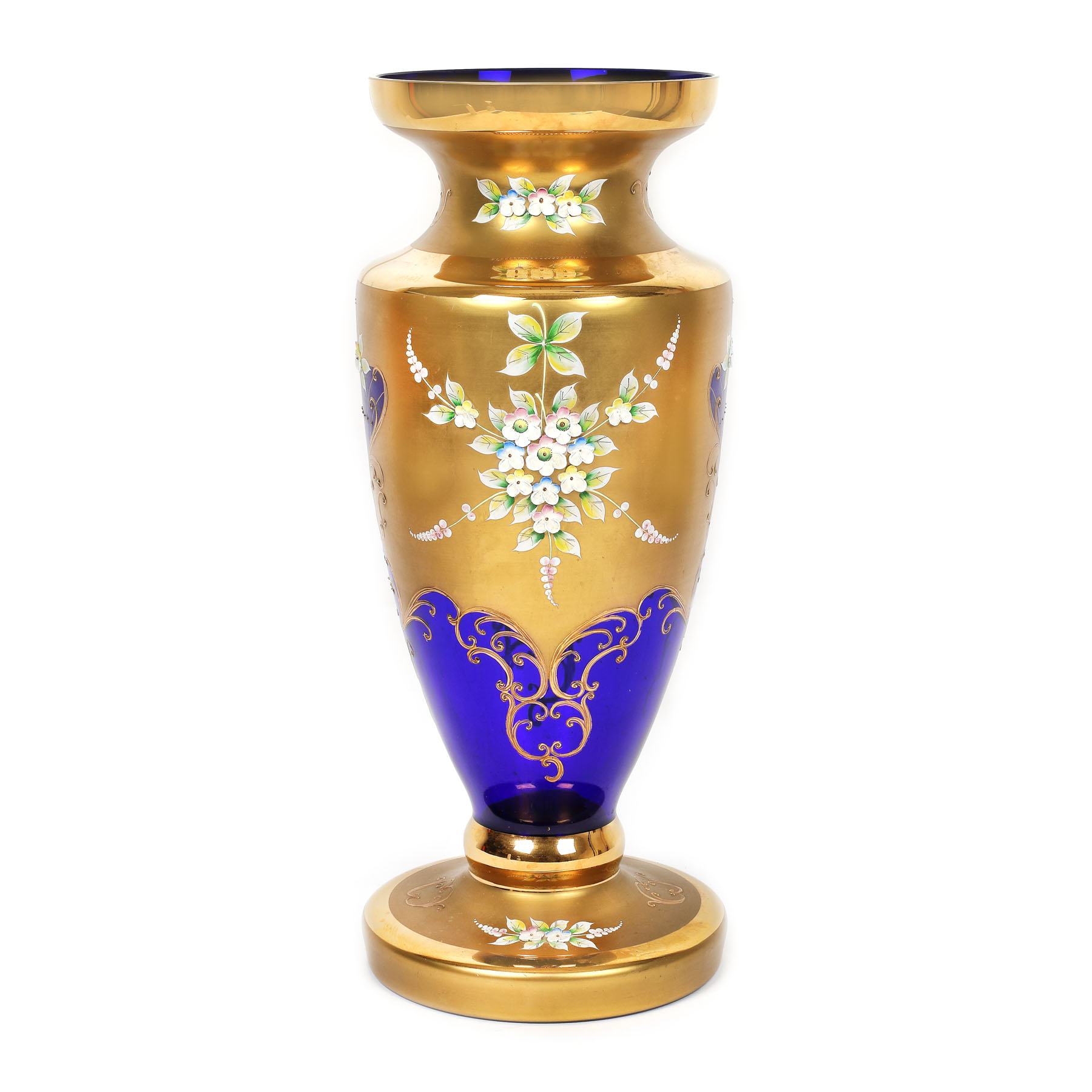 Somptuos vas pentru flori, din sticlă cobalt, cu decor floral și aur coloidal, începutul sec. XX