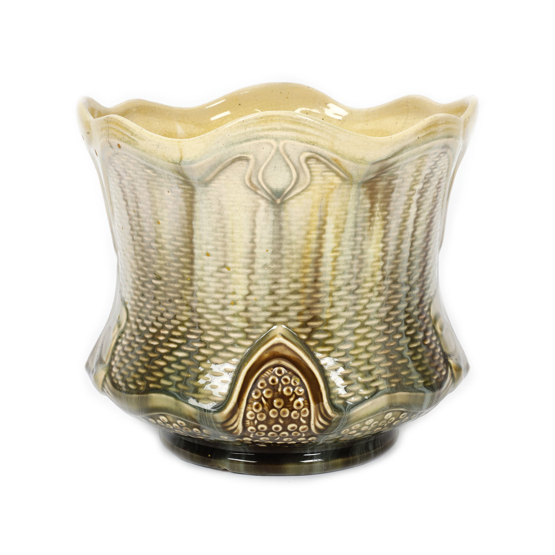Cache-pot Art Nouveau din ceramică pictată cu email, cu decor de inspirație Hector Guimard, cca. 1900