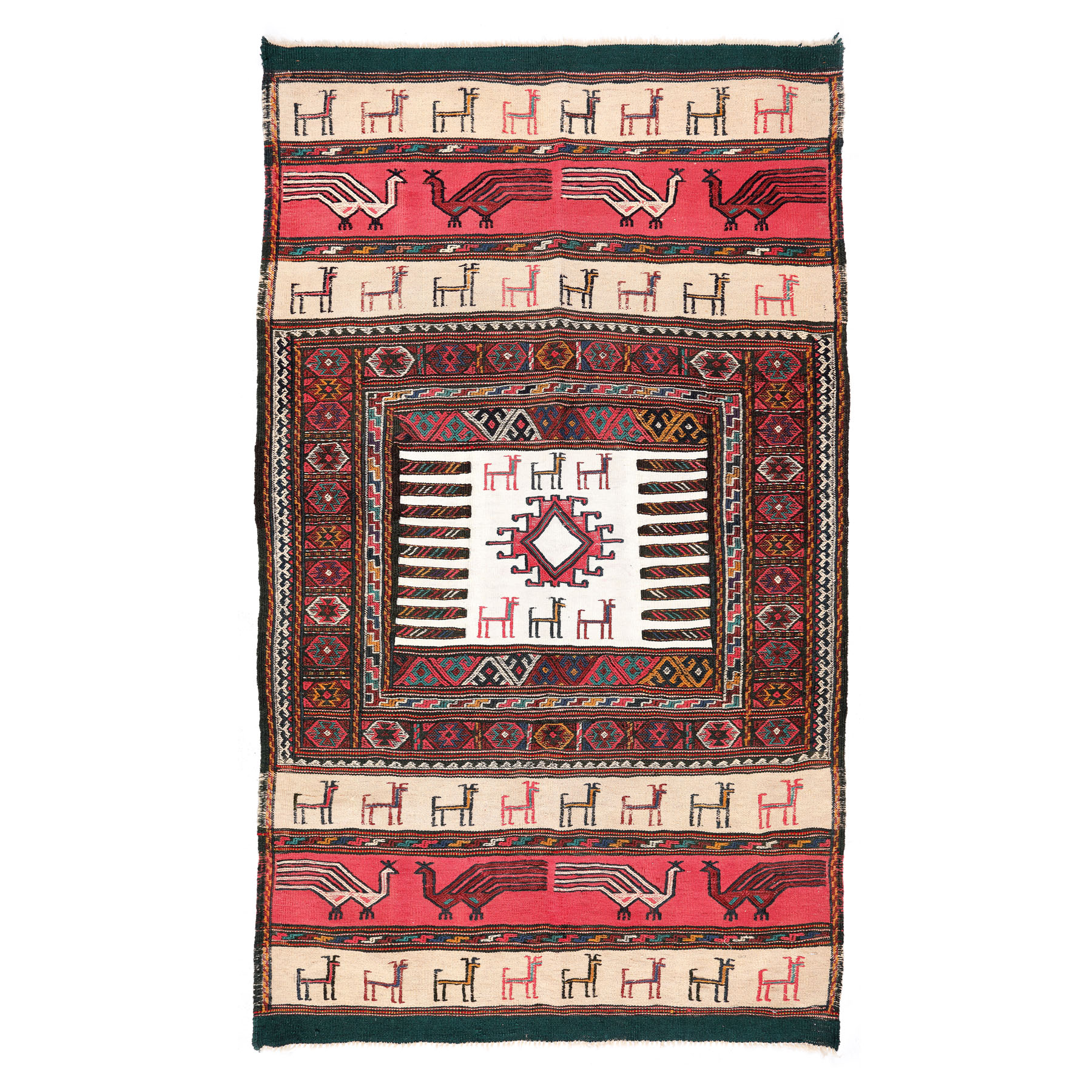 Covor Kilim din lână, decorat cu păuni și cămile, zona Caucazului