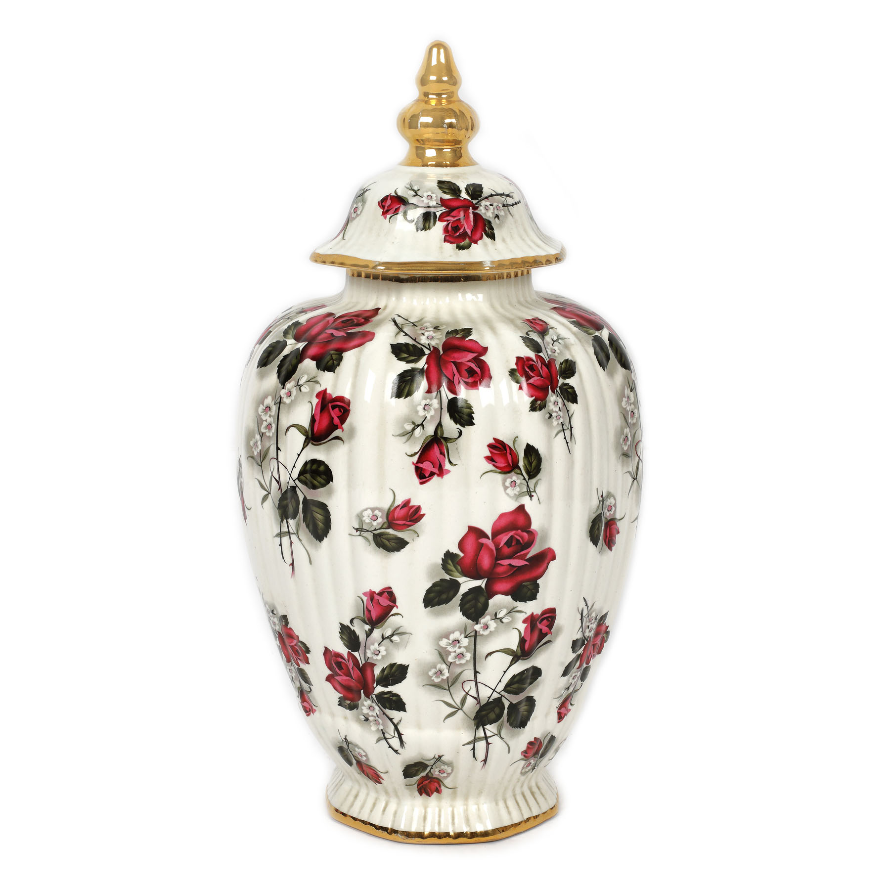 Vas cu capac Boch Frères, din ceramică pictată cu email și foiță de aur, cu decor floral, cca. 1910 