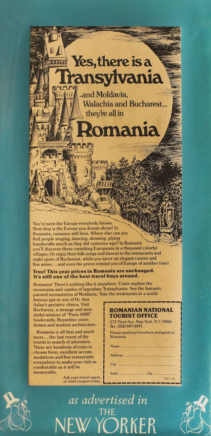 Reclamă realizată de Oficiul Național al Turismului, pentru promovarea României, publicată în revista The New Yorker