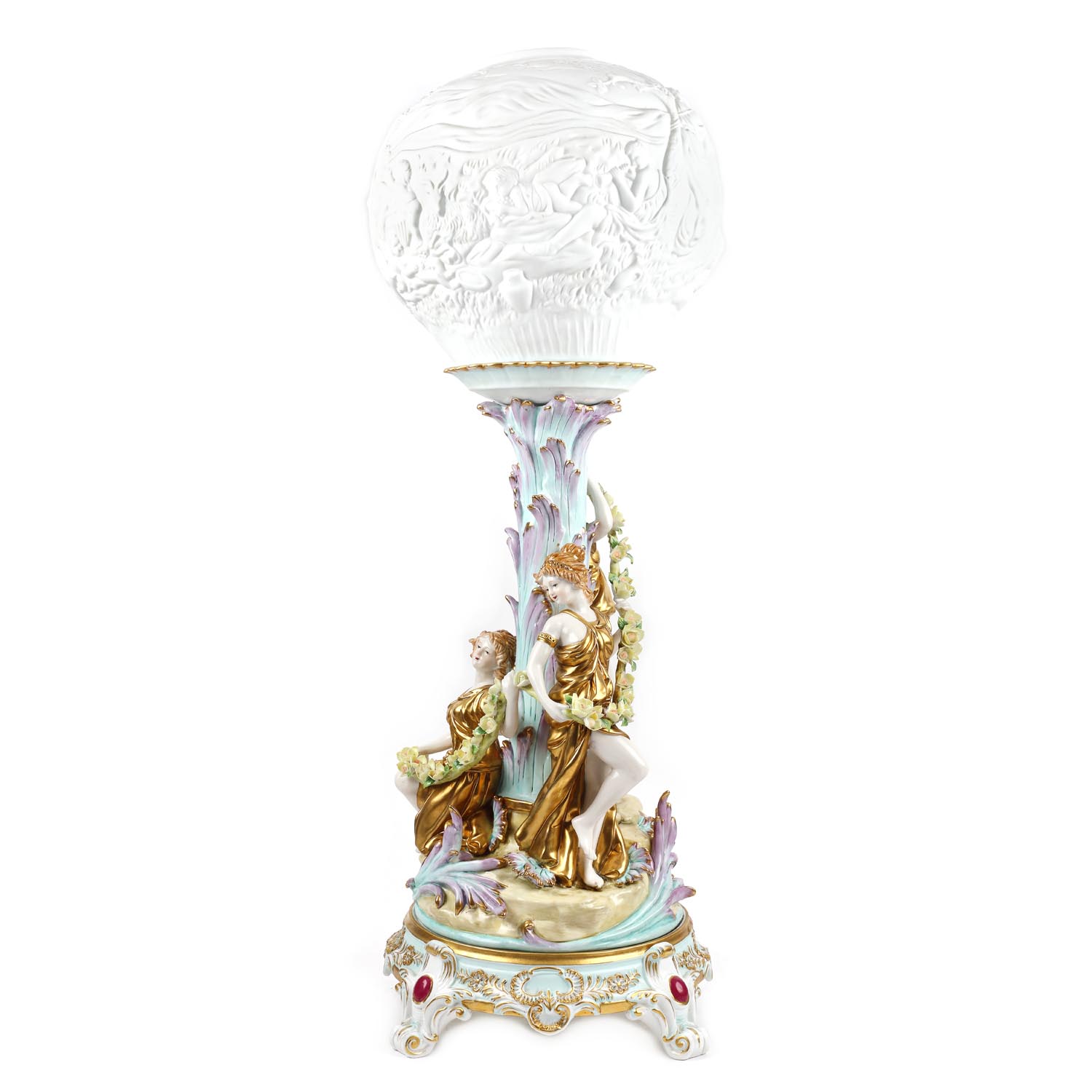 Lampă cu glob din porțelan biscuit, decorată cu siluete de muze, sfârșitul sec. XIX