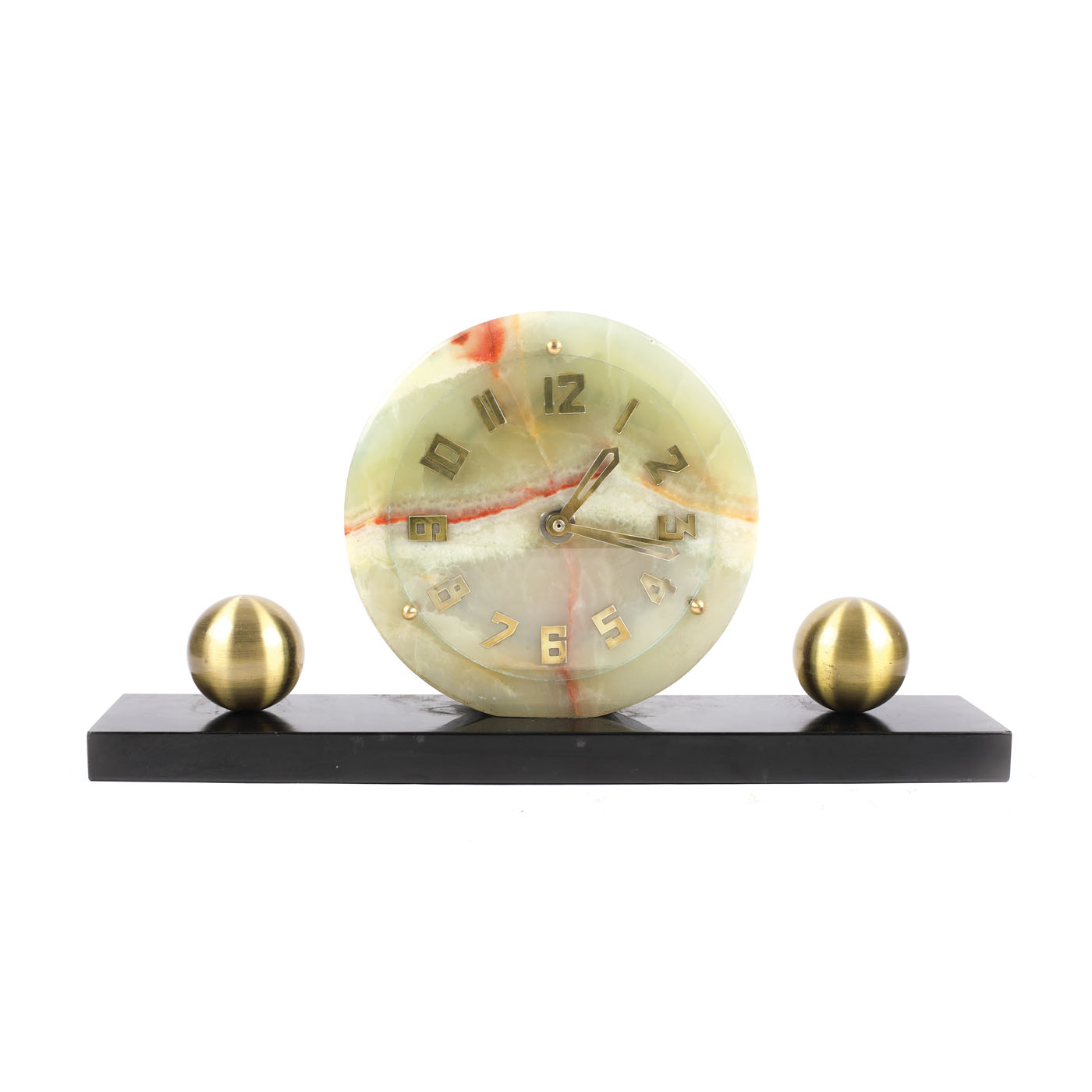Ceas Art Deco cu mecanism Samuel Marti, din bronz aurit, onyx și granit, cca. 1930