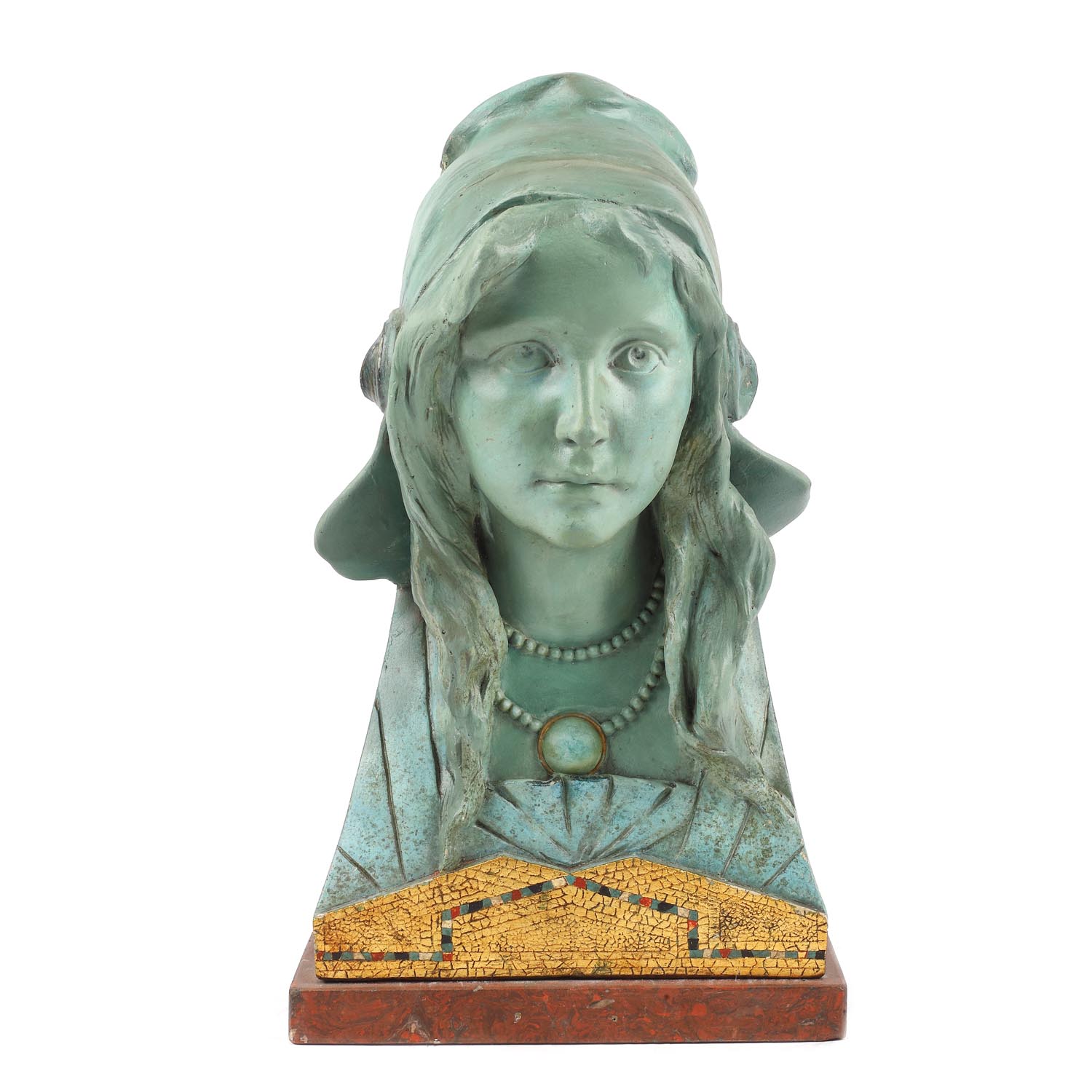 Statuetă decorativă realizată în manieră Art Nouveau, ilustrând un chip de tânără, 1904