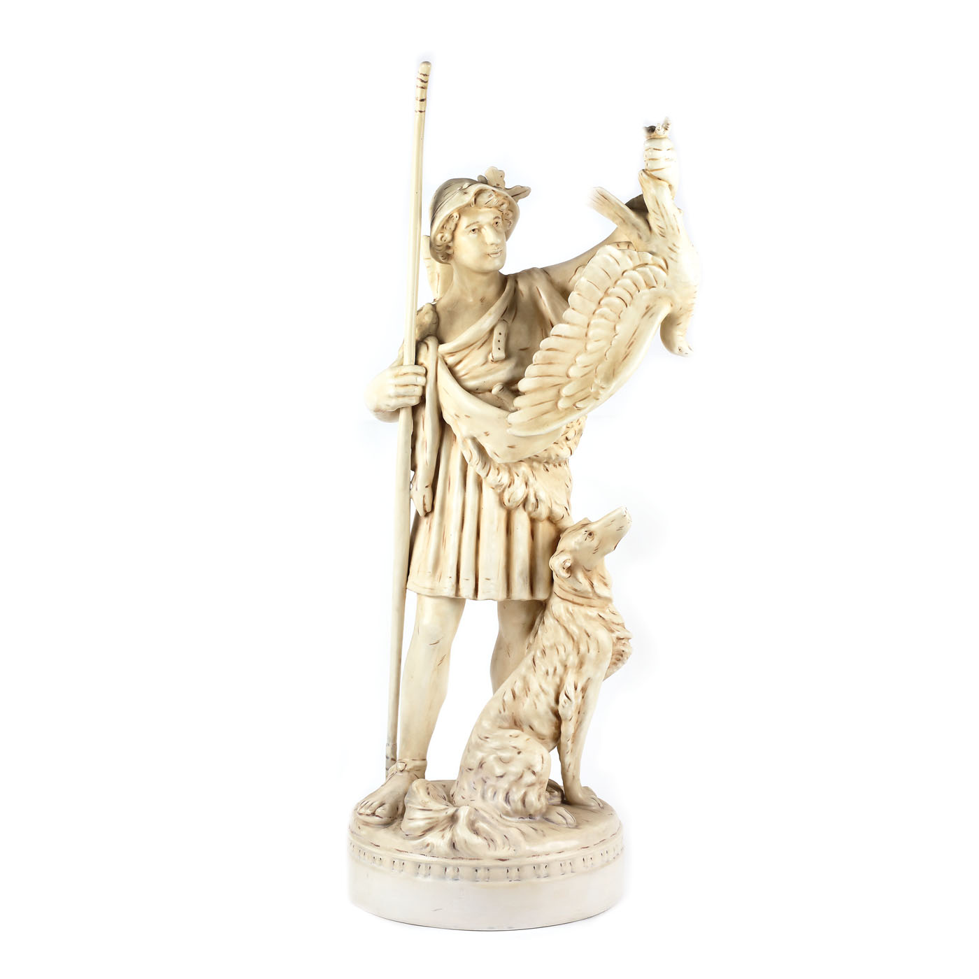 Monumentală statuetă din porțelan biscuit, ilustrând un vânător