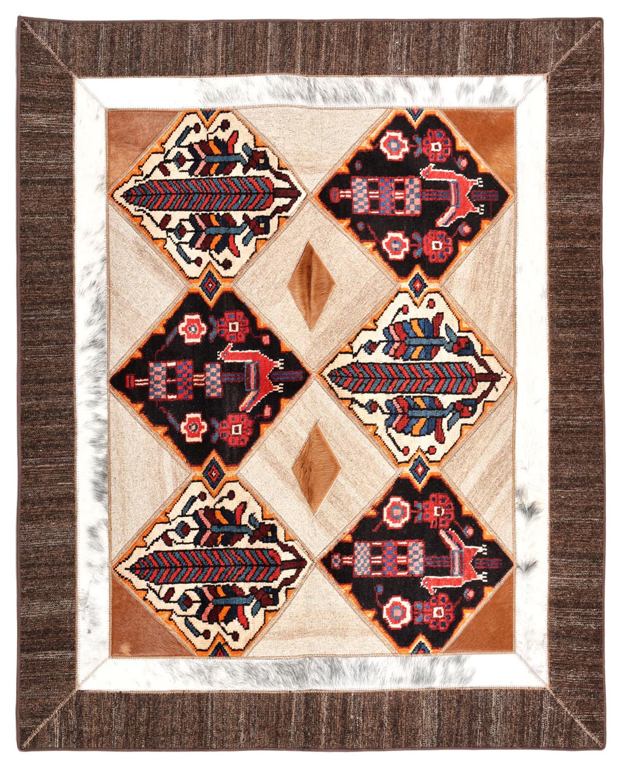 Covor Patchwork din lână, piele și blană, decorat cu motive geometrice, Iran, sfârșitul sec. XX