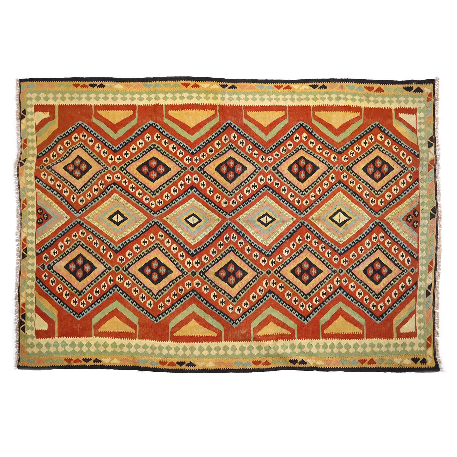 Covor Shiraz Kilim din lână, decorat cu motive geometrice stilizate, Iran, cca. 1960
