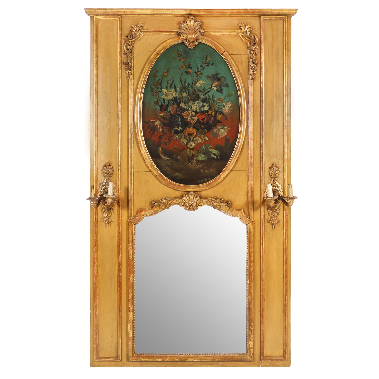 Oglindă Trumeau, în manieră Louis XVI, cu pereche de aplice și medalion pictat în maniera lui Jan Baptist Bosschaert, sfârșitul sec. XIX