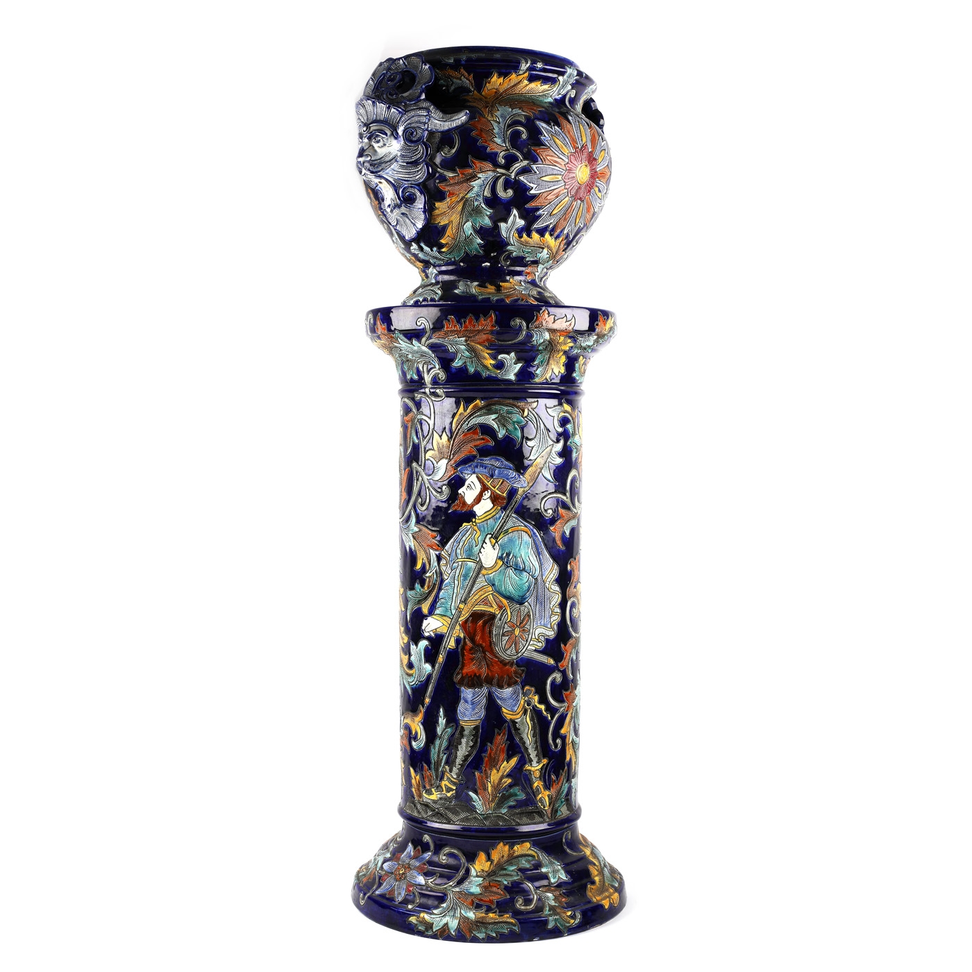 Cache-pot pe coloană din ceramică pictată, cu decor în manieră Neo-Renascentistă
