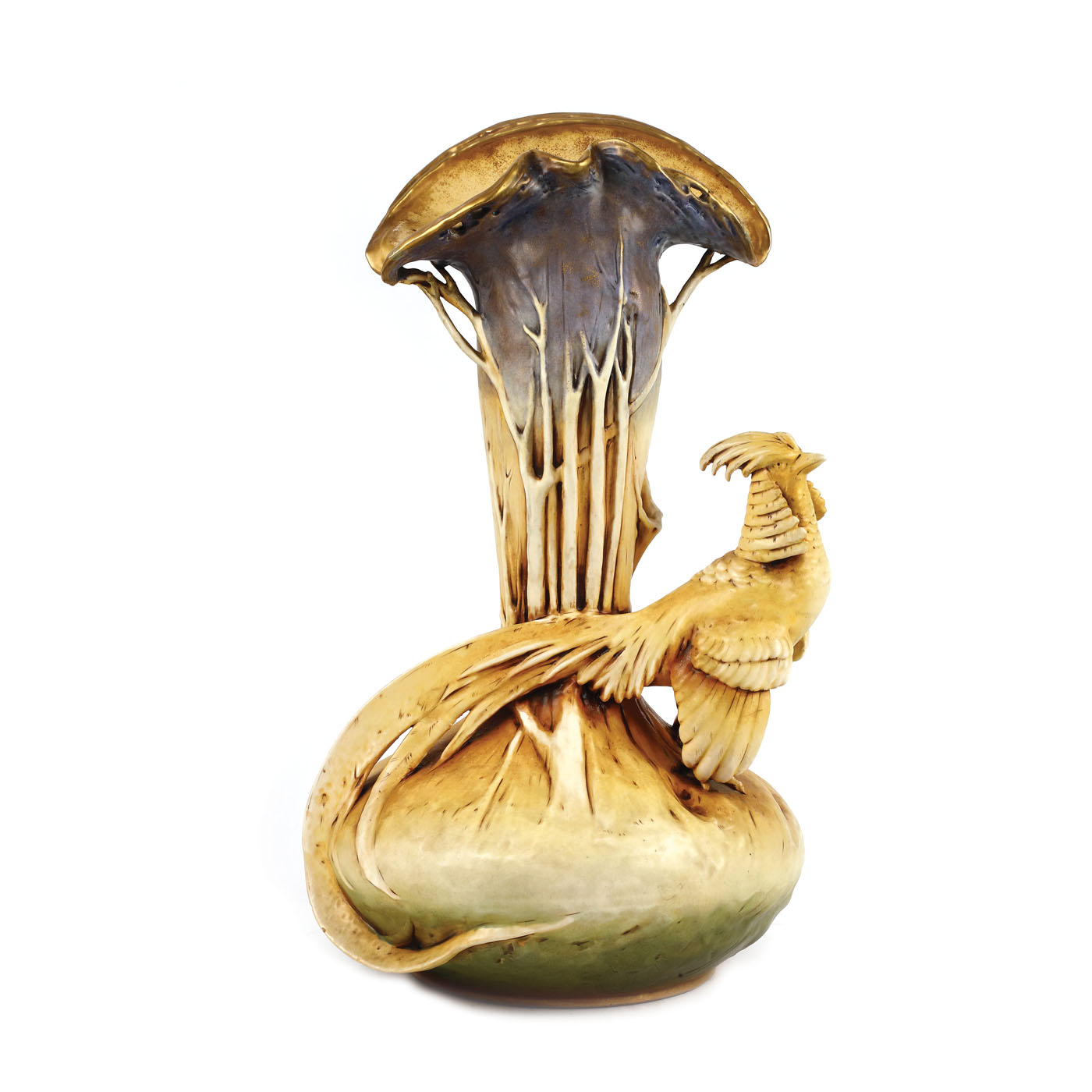 Vas Amphora, cu decor Art Nouveau în formă de fazan oriental, design Eduard Stellmacher, cca. 1900