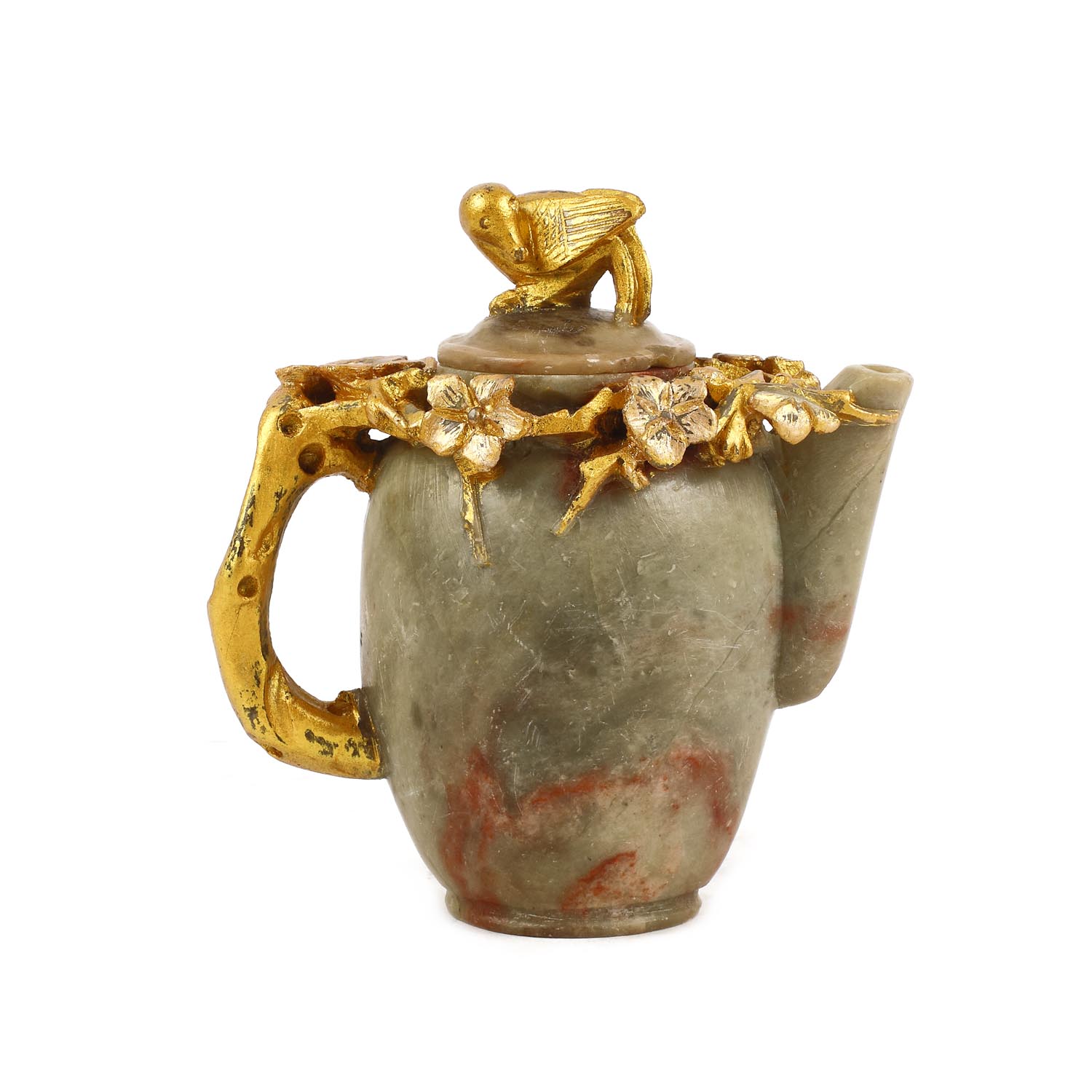 Ceainic cu capac, decorat cu flori de cireș, din steatit sculptat și pictat cu aur, dinastia Qing, perioada Guangxu, China, cca. 1875-1908