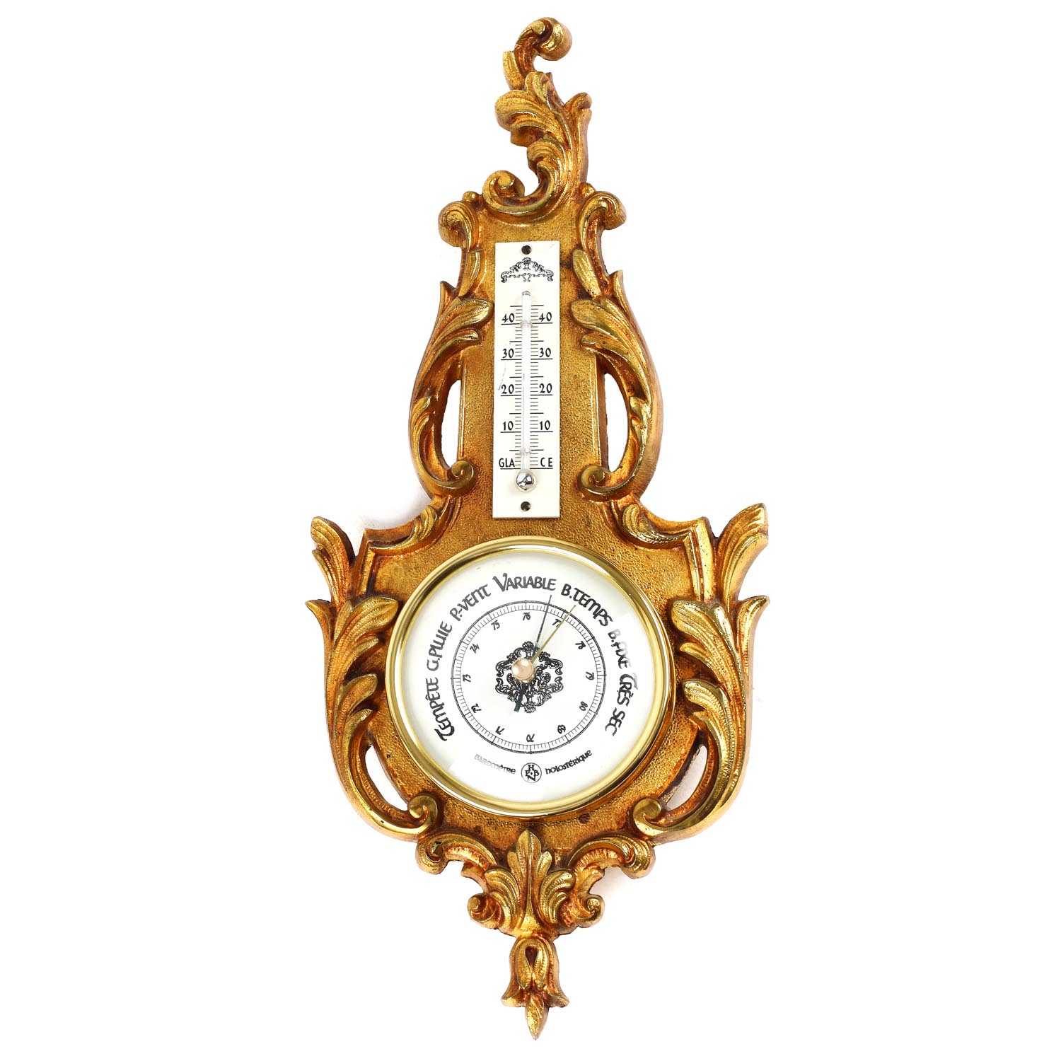 Barometru Belle Époque, cu termometru, de perete, bronz doré, decorat cu gravură executată manual, cca. 1900