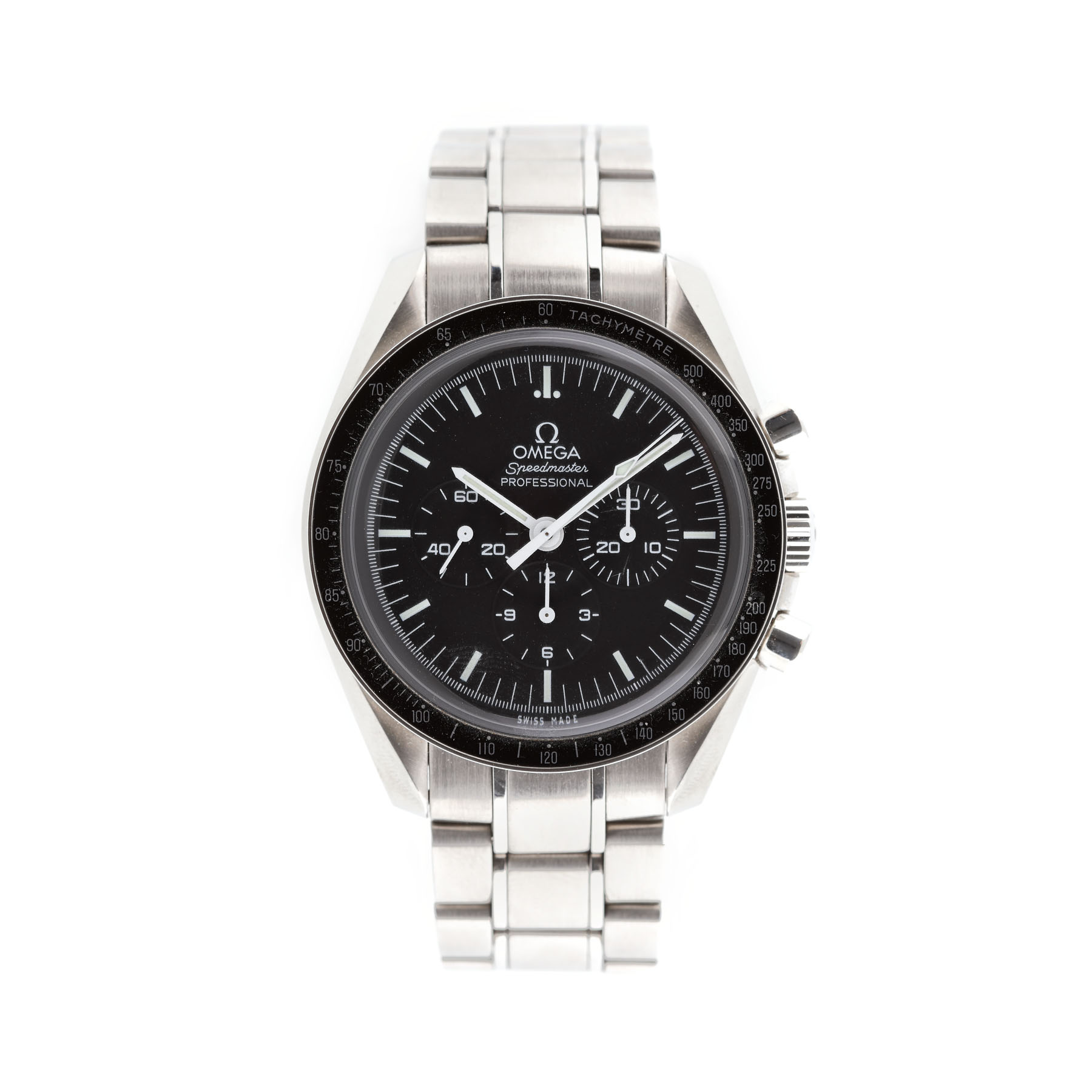 Ceas Omega Speedmaster Moonwatch, de mână, bărbătesc, însoțit de cutia originală și de actele de proveniență
