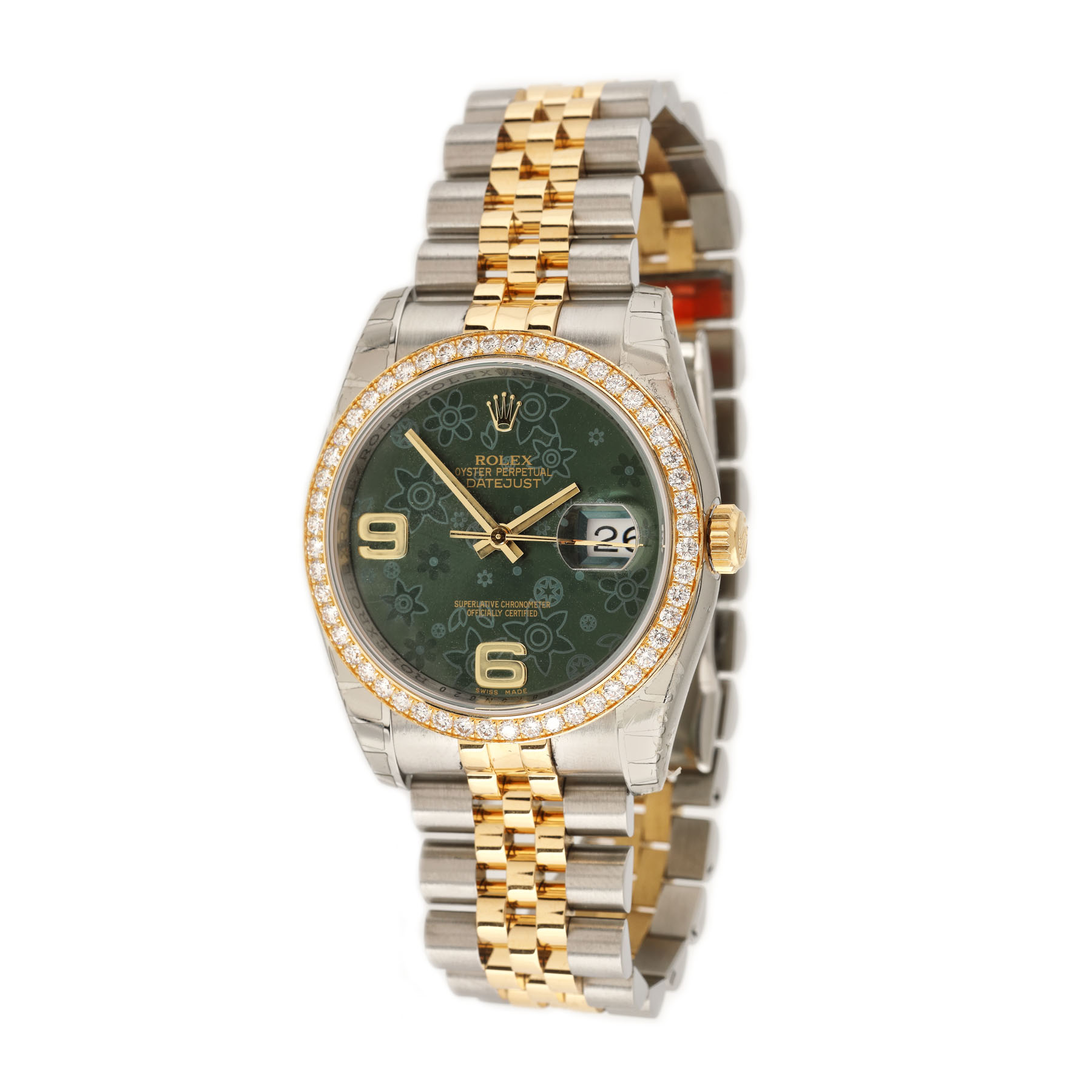 Ceas Rolex Oyster Perpetual DateJust, de mână, de damă, cu bezelul decorat cu diamante, vine însoțit de actele de proveniență și cutia originală