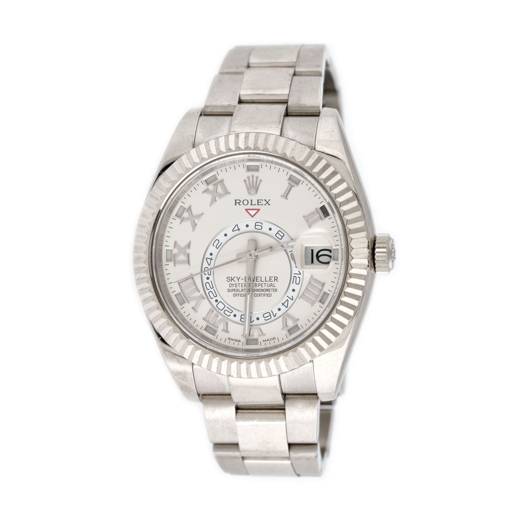 Ceas Rolex Sky-Dweller, cel mai complicat model în producție, din aur alb, de mână, bărbătesc, vine însoțit de actele de proveniență și cutia originală