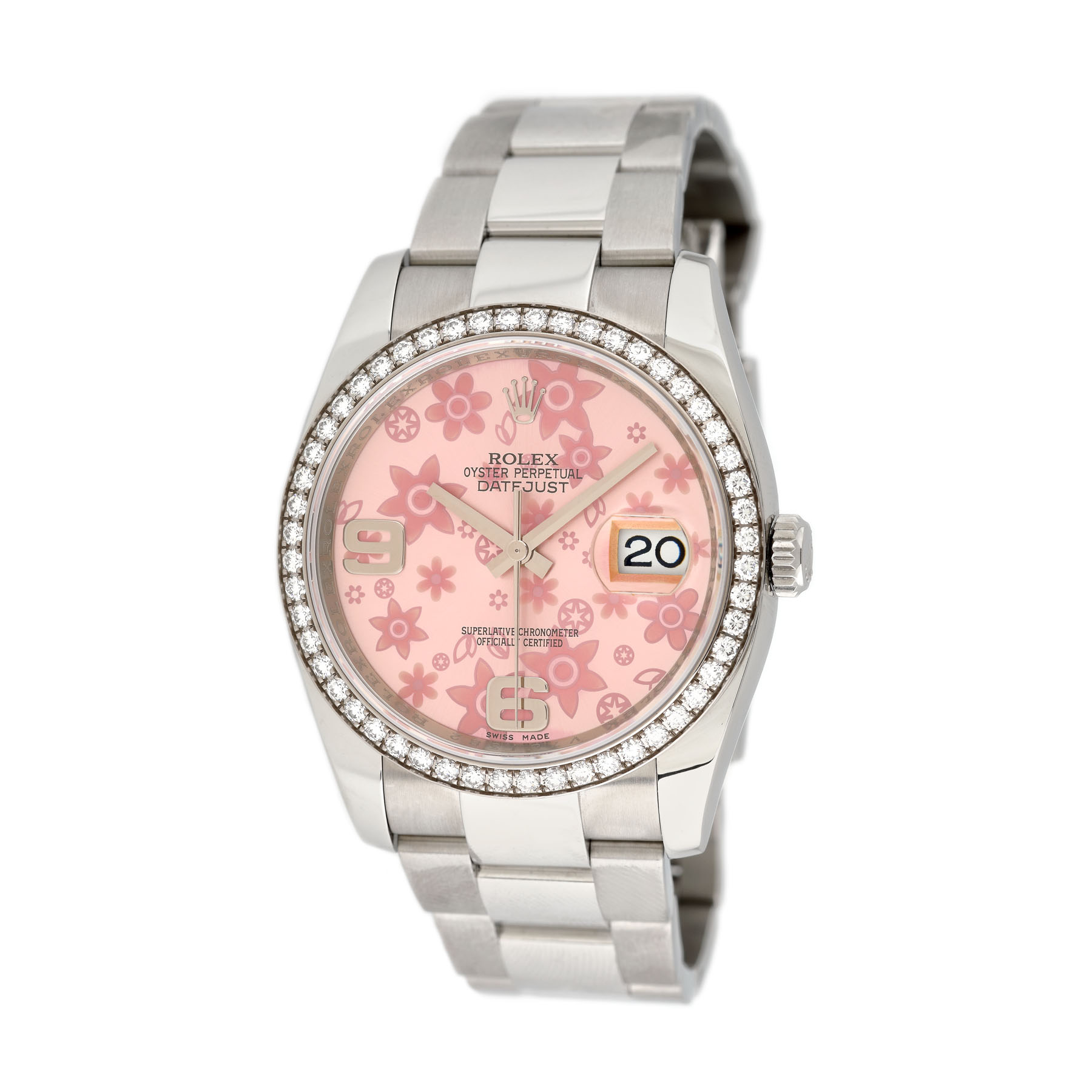 Ceas Rolex DateJust, de mână, de damă, cu bezelul decorat cu diamante, însoțit de cutia originală