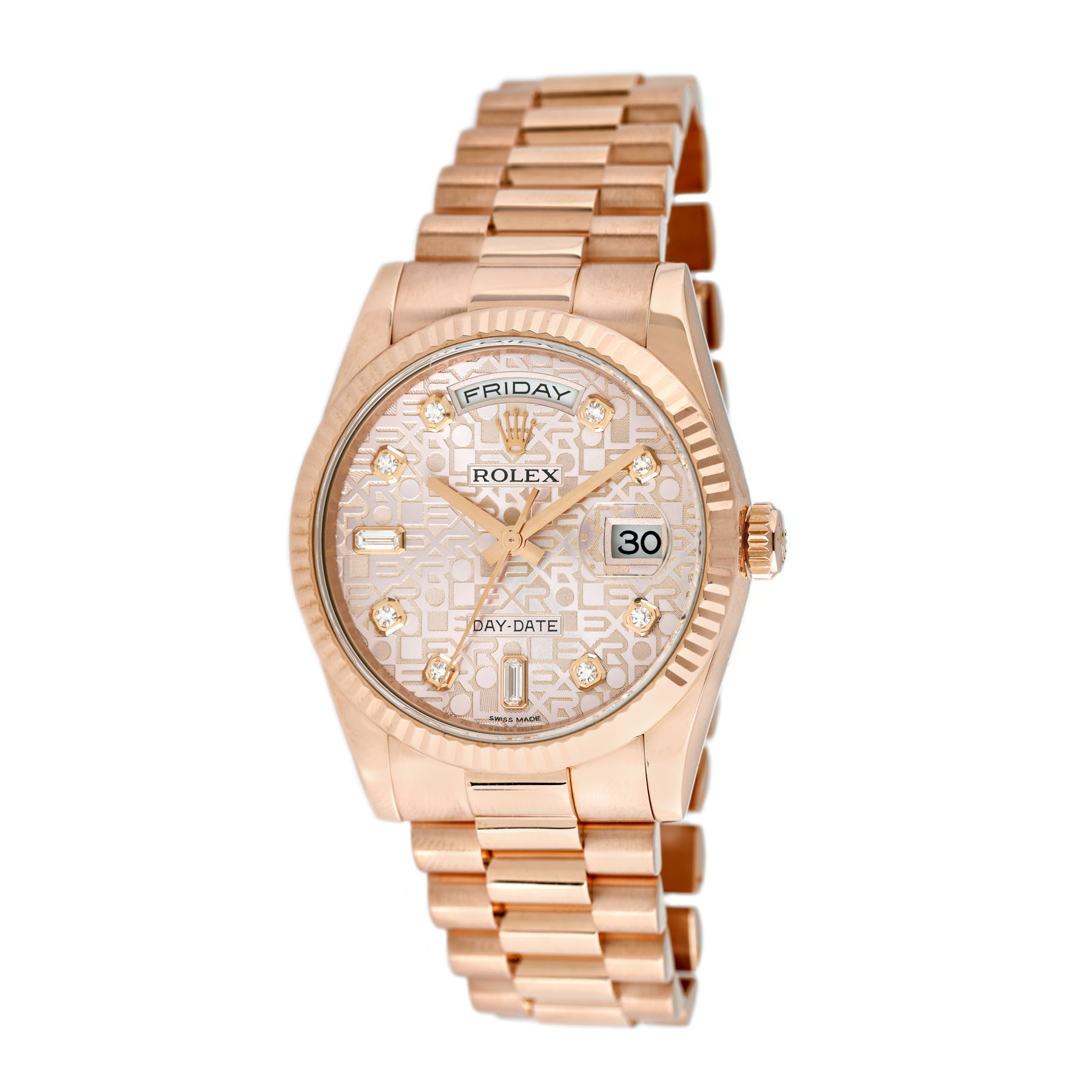 Ceas Rolex Day-Date, din aur roz, de mână, de damă, decorat cu diamante