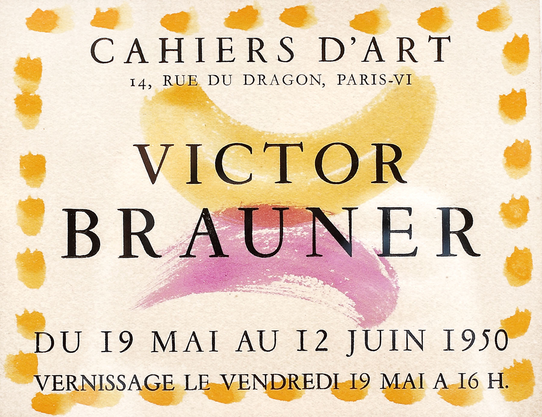 Invitation to Victor Brauner Exhibition , Cahiers d'Art, Paris, 1950 - handpainted by the artist