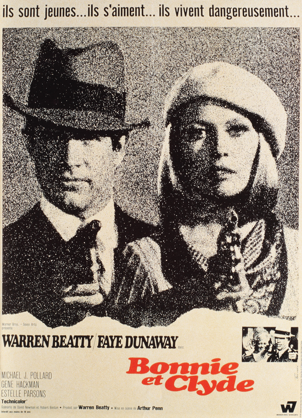 Movie poster for "Bonnie and Clyde", with  Warren Beatty and Faye Dunaway ,directed by Arthur Penn Paris, 1967