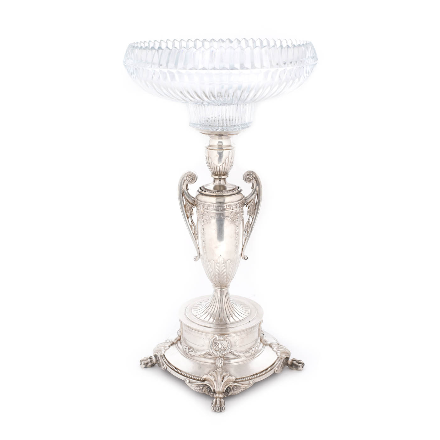 Centru de masă în manieră Empire, din argint H. Meyen & Co și cristal, decorat cu ghirlande de lauri și monogramat "CM", 1900