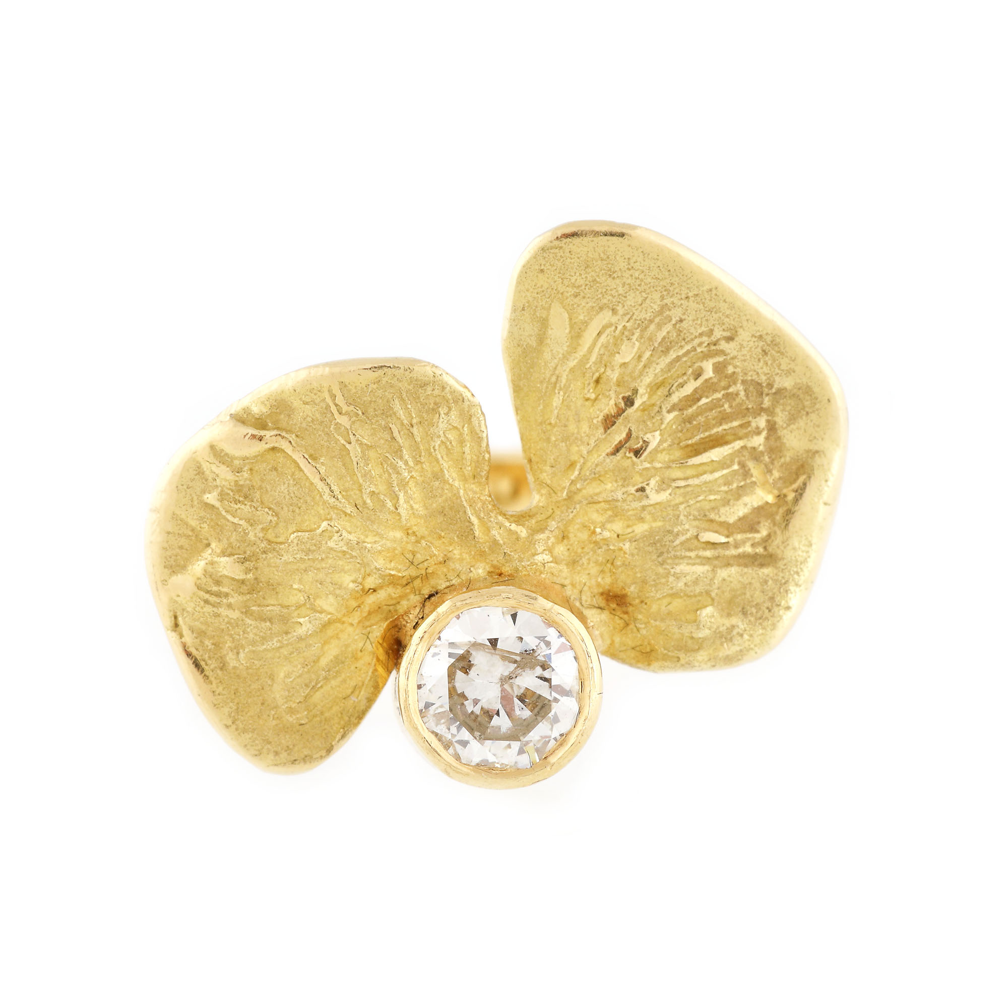 Inel din aur, decorat cu element vegetal stilizat și un diamant