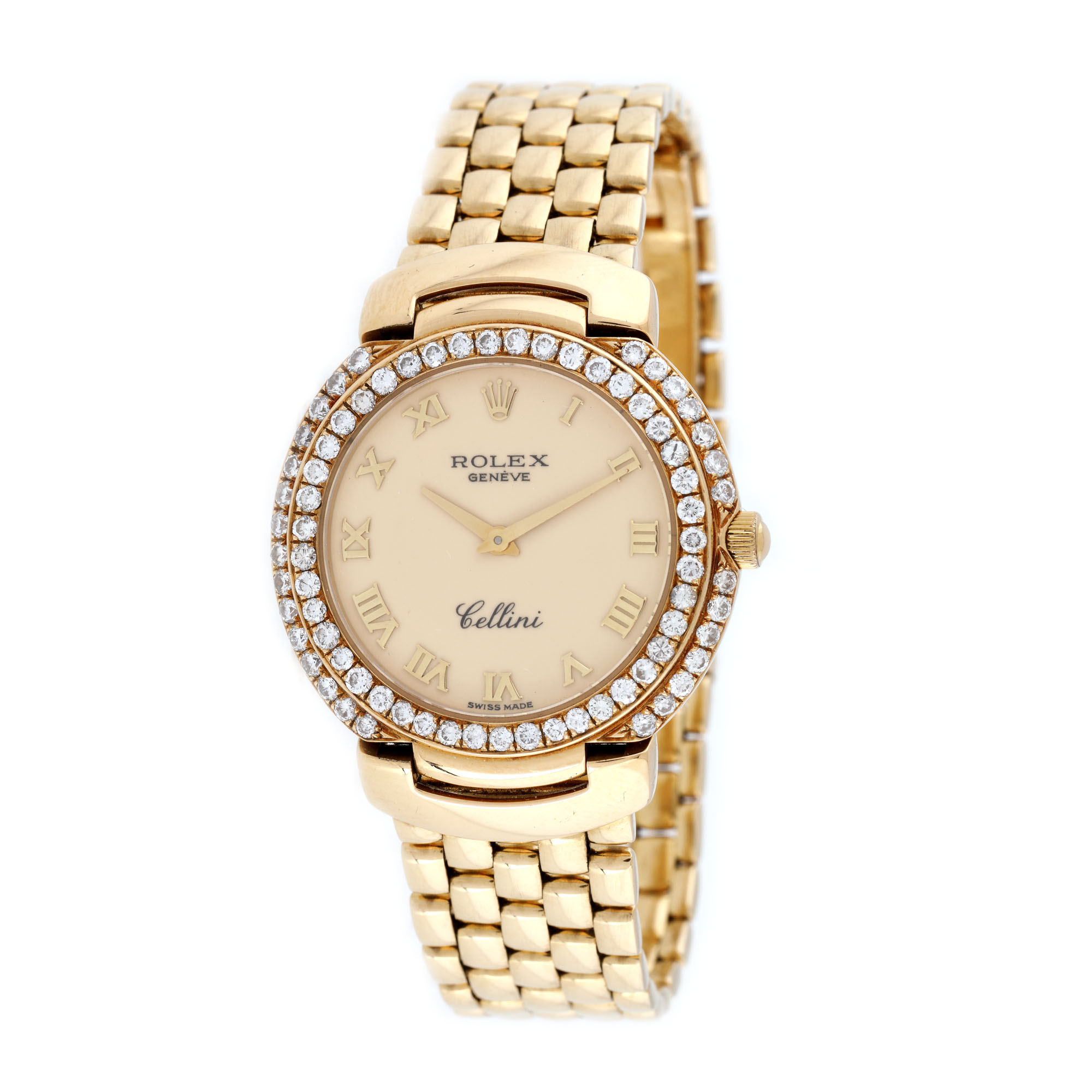 Ceas Rolex Cellini din aur, de mână, de damă, ornat cu diamante