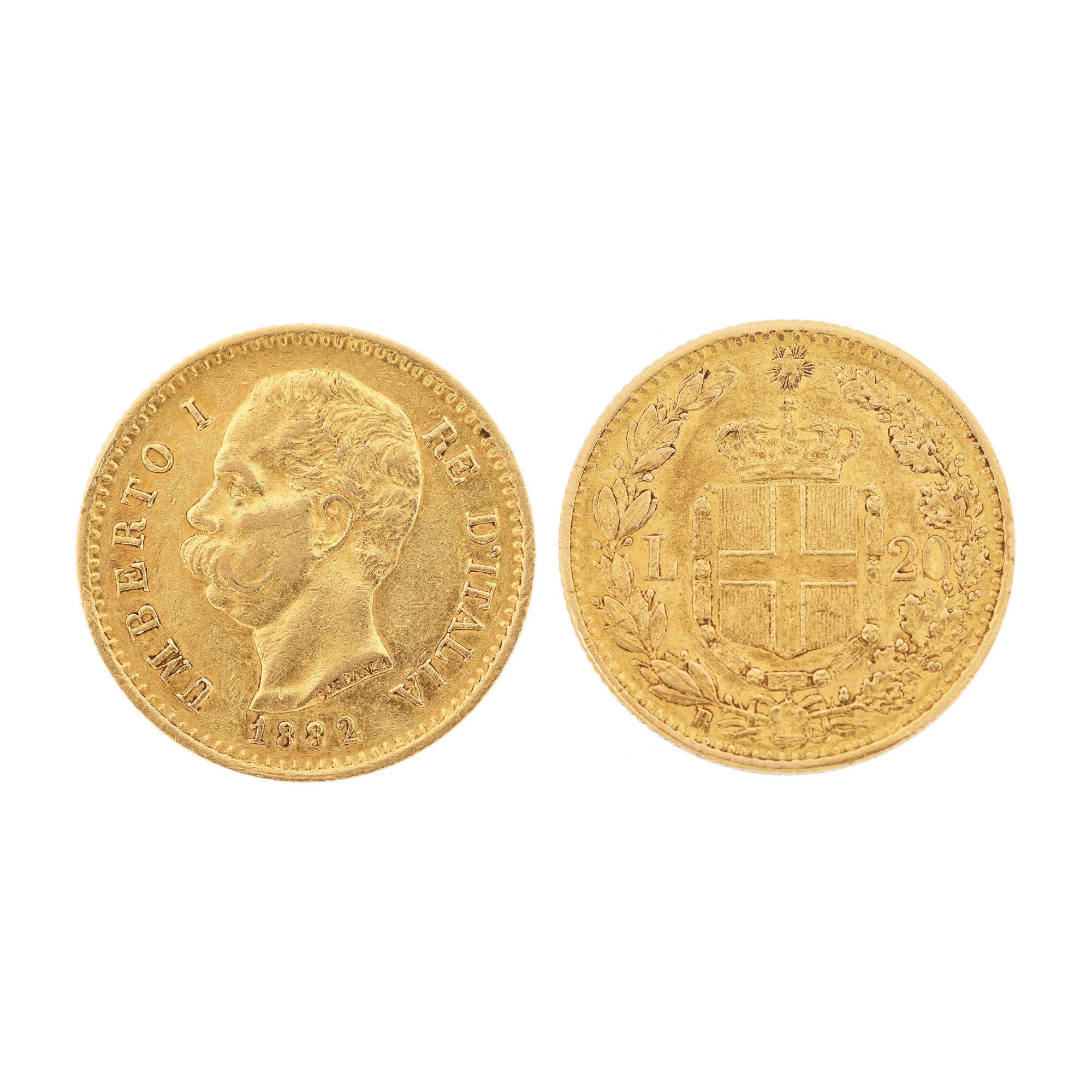 Monedă din aur, bătută de Umberto I, de 20 lire italienești aur, 1882