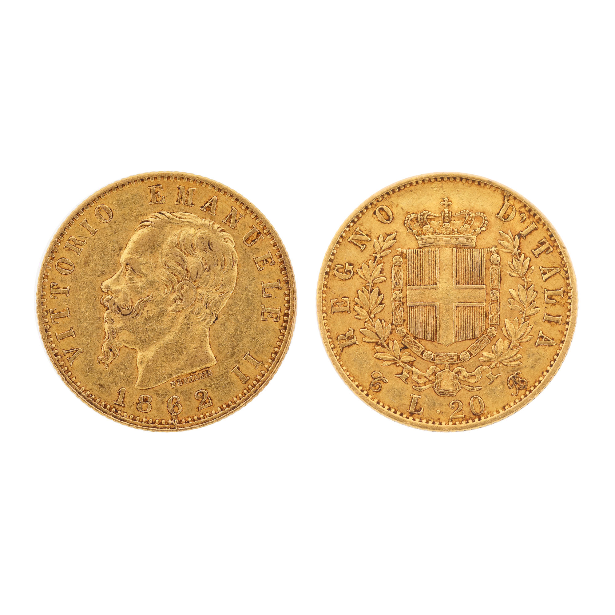 Monedă din aur, bătută de primul rege al Italiei, Vittorio Emanuele II, de 20 lire italienești aur, 1862