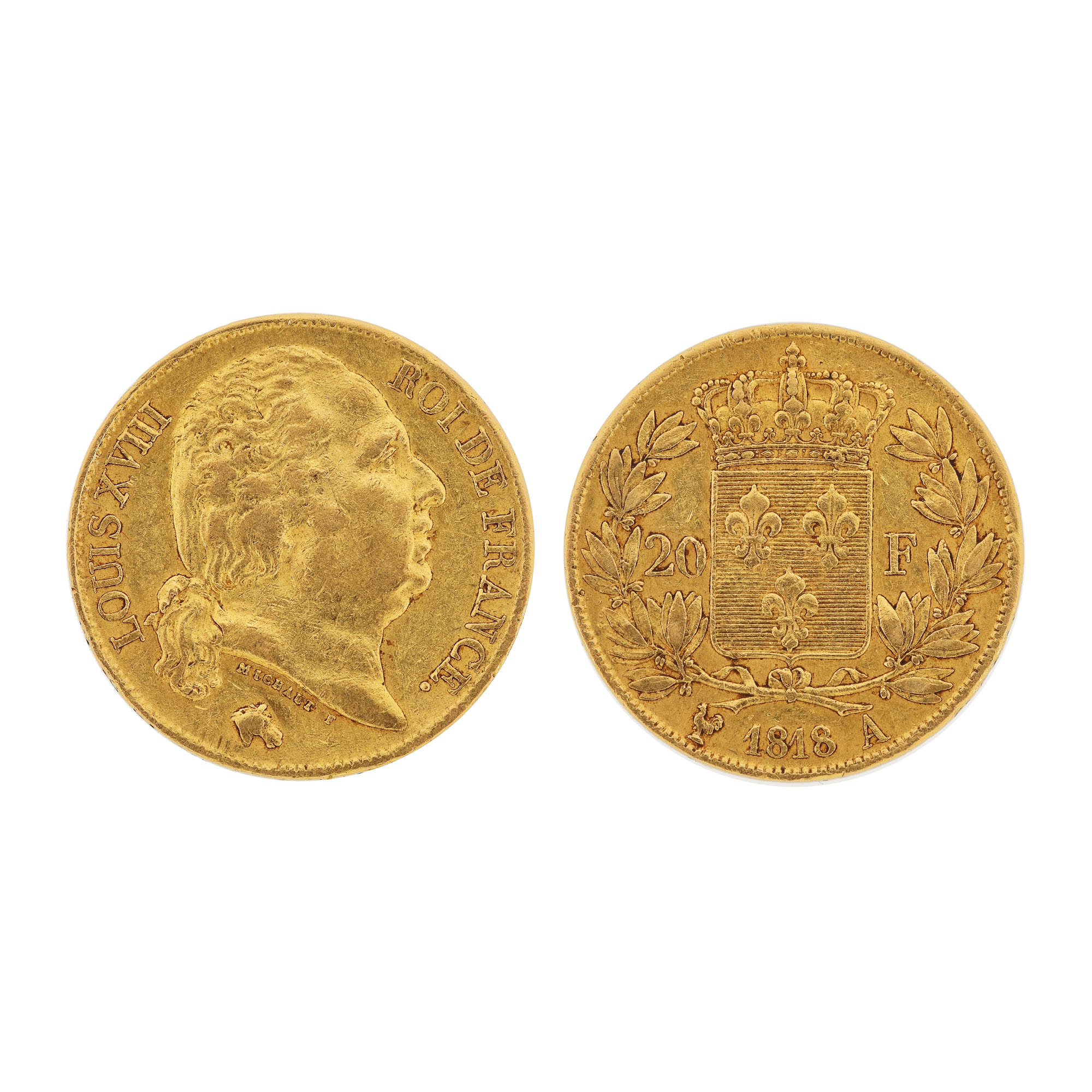 Monedă din aur, bătută de regele Franței Louis XVIII, 1818