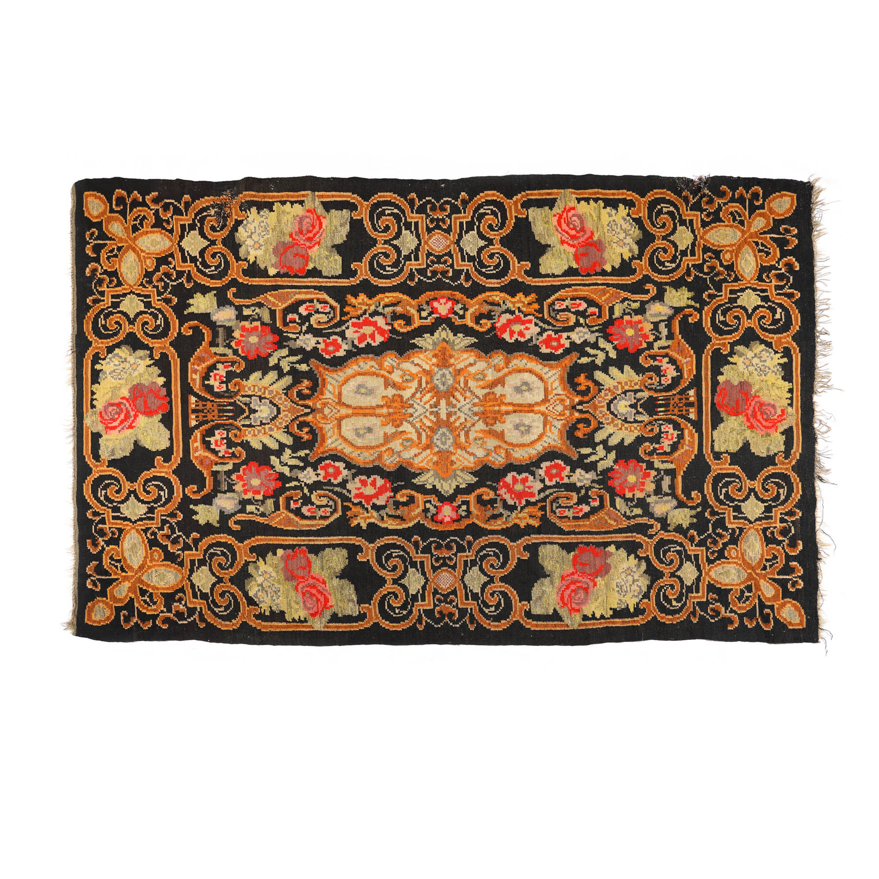 Romanian wool rug, decorated with roses and oriental motifs, abbey workshop