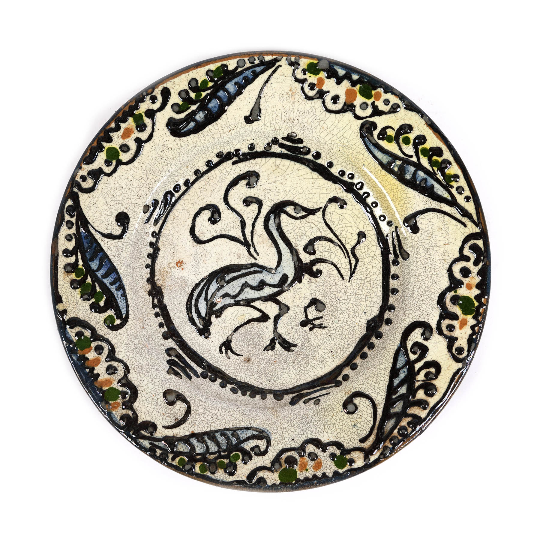 Farfurie decorativă, decorată cu motiv avimorf, centrul Saschiz, sfârșitul sec. XIX - începutul sec. XX
