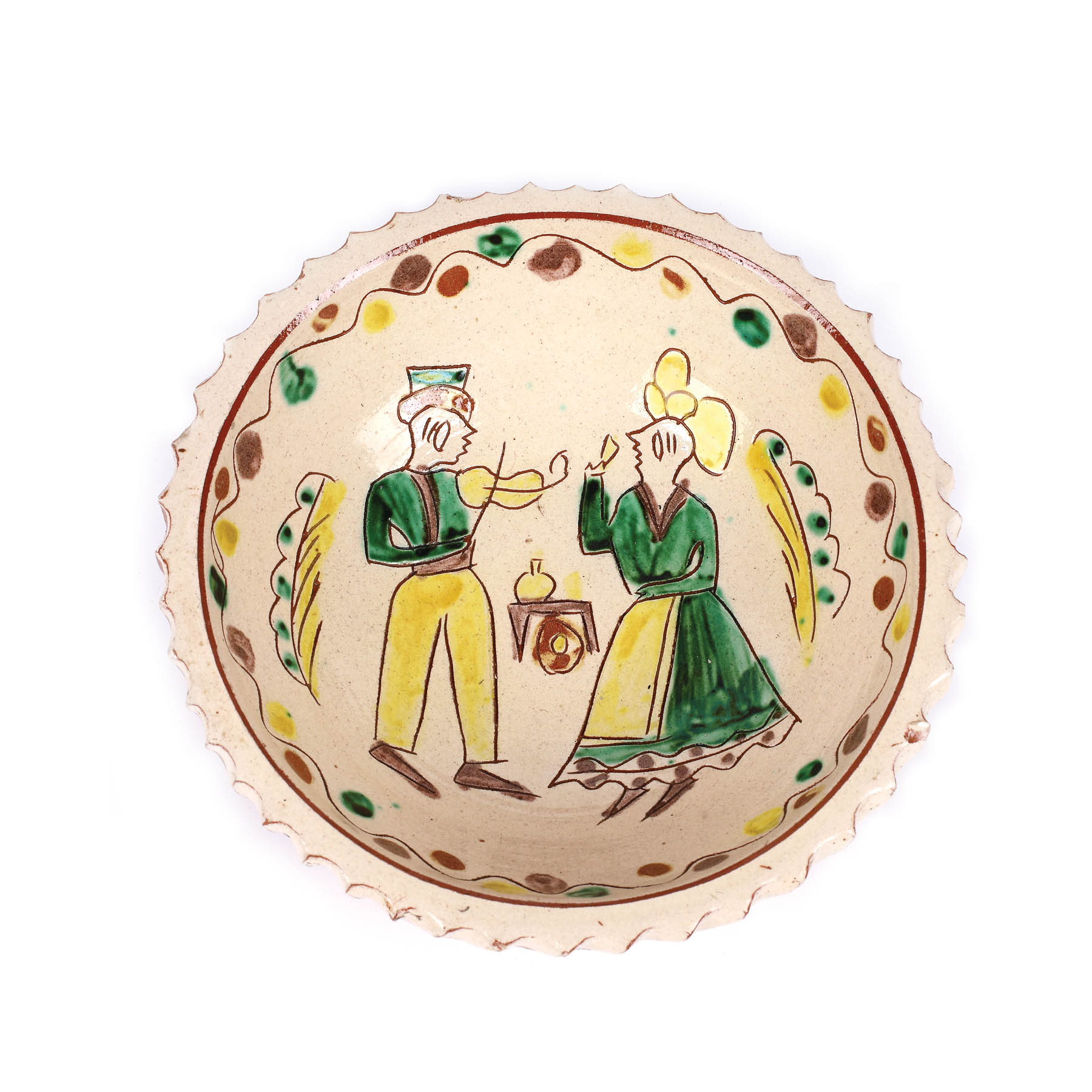 Bol din ceramică tip Kuty, reprezentând un cuplu sărbătorind, semnată de Constantin Colibaba, prima jumătate a sec. XX