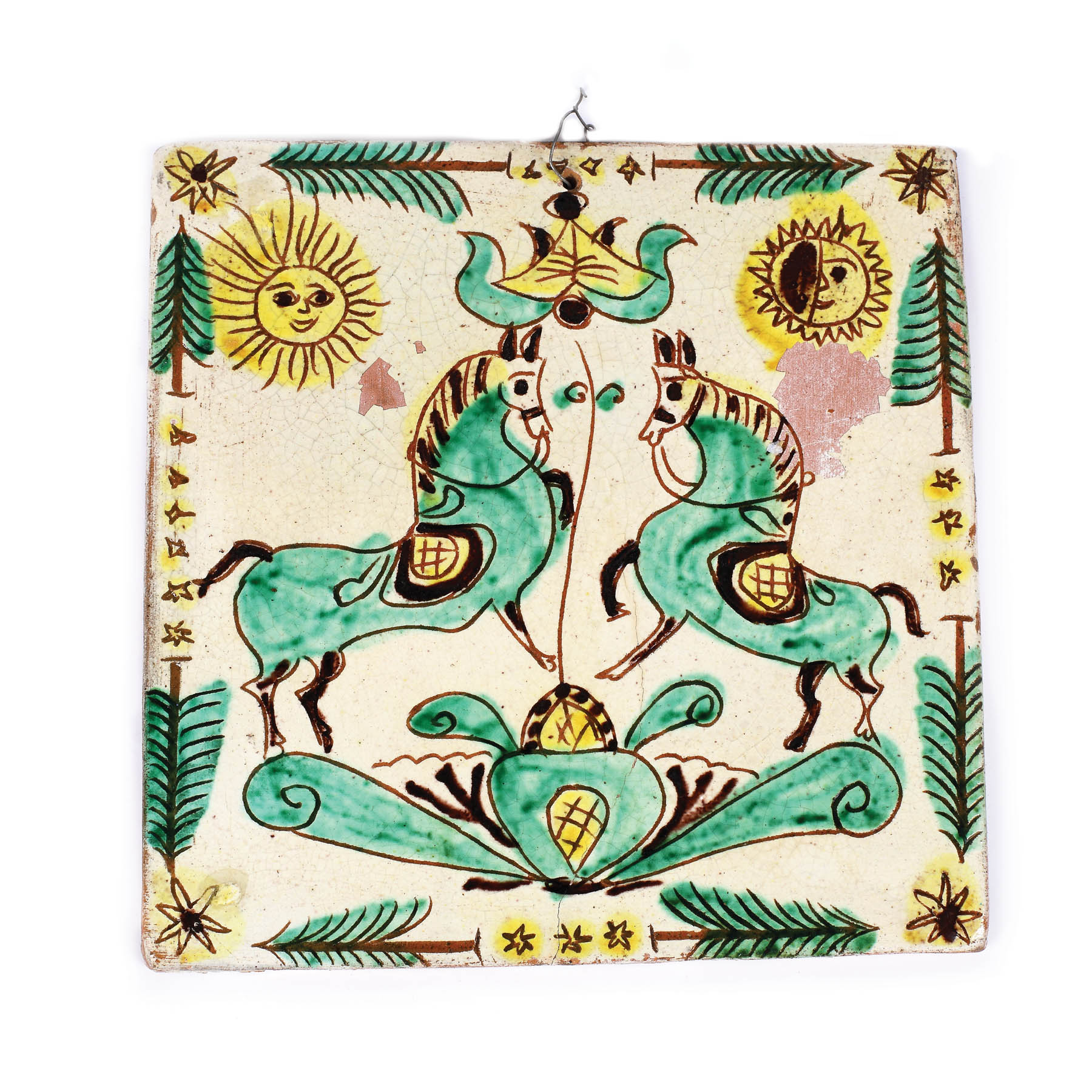 Kuty Stove Tile, decorated with horses, the Moon and The Sun, signed Constantin Colibaba